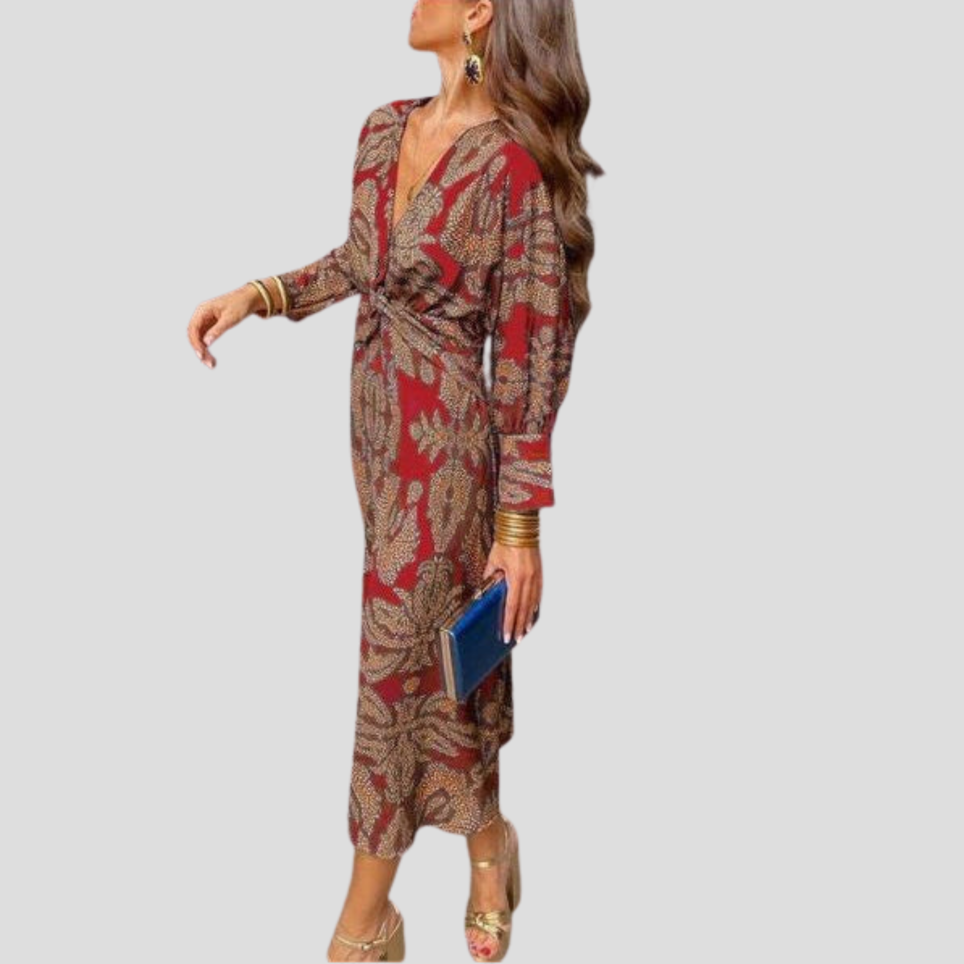 Women's flowing midi dress with defined waist shown in blue, green, red and purple