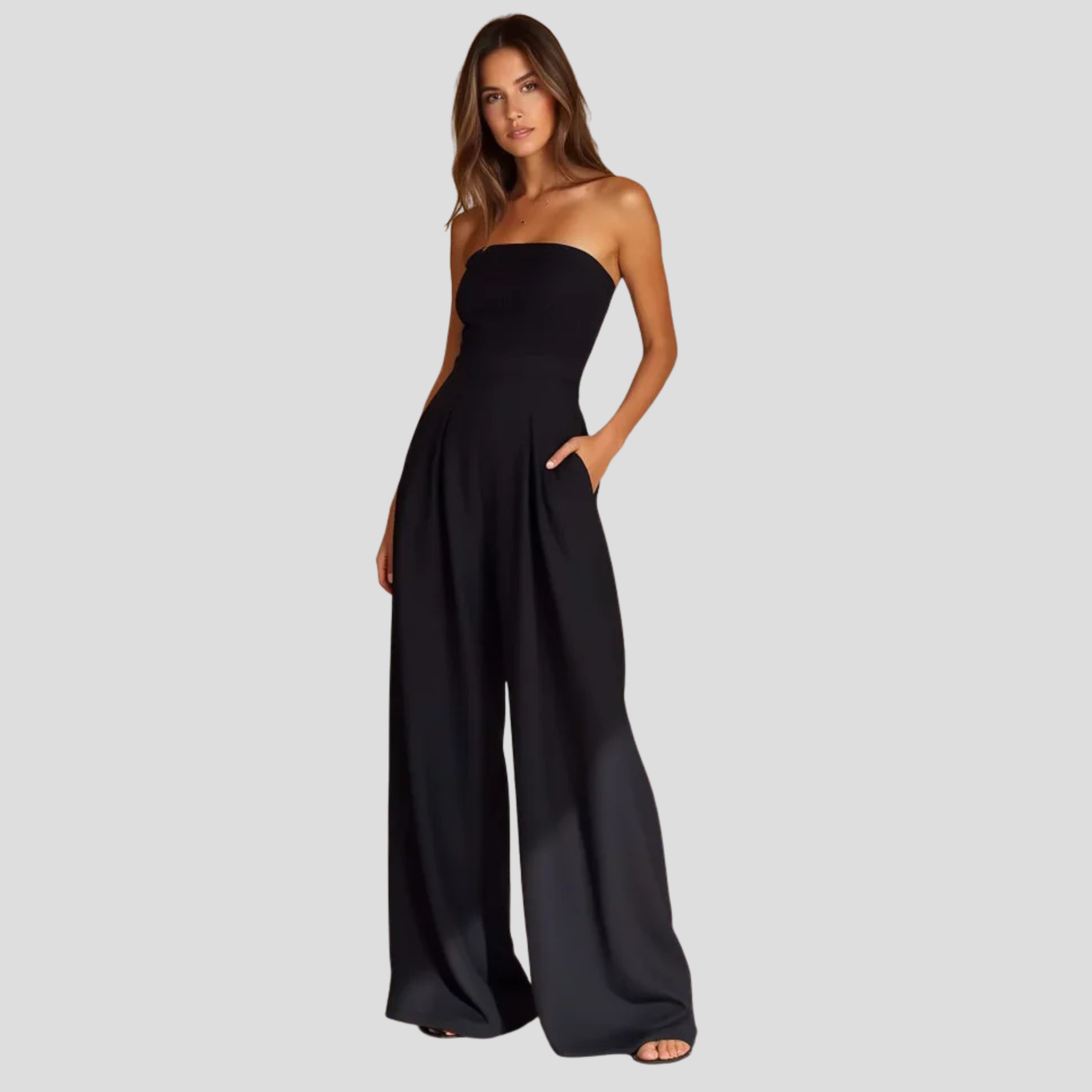 Women's strapless straight-leg jumpsuit shown in black, beige, and navy