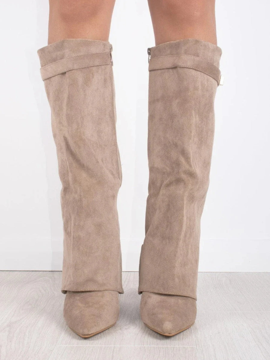 Elegant women's suede and leather boots with subtle golden accents