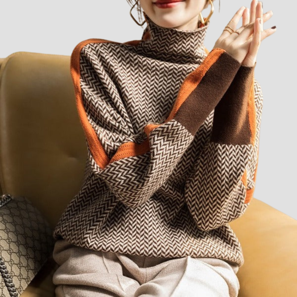 Women's orange cowl neck jumper with contrast striped sleeves