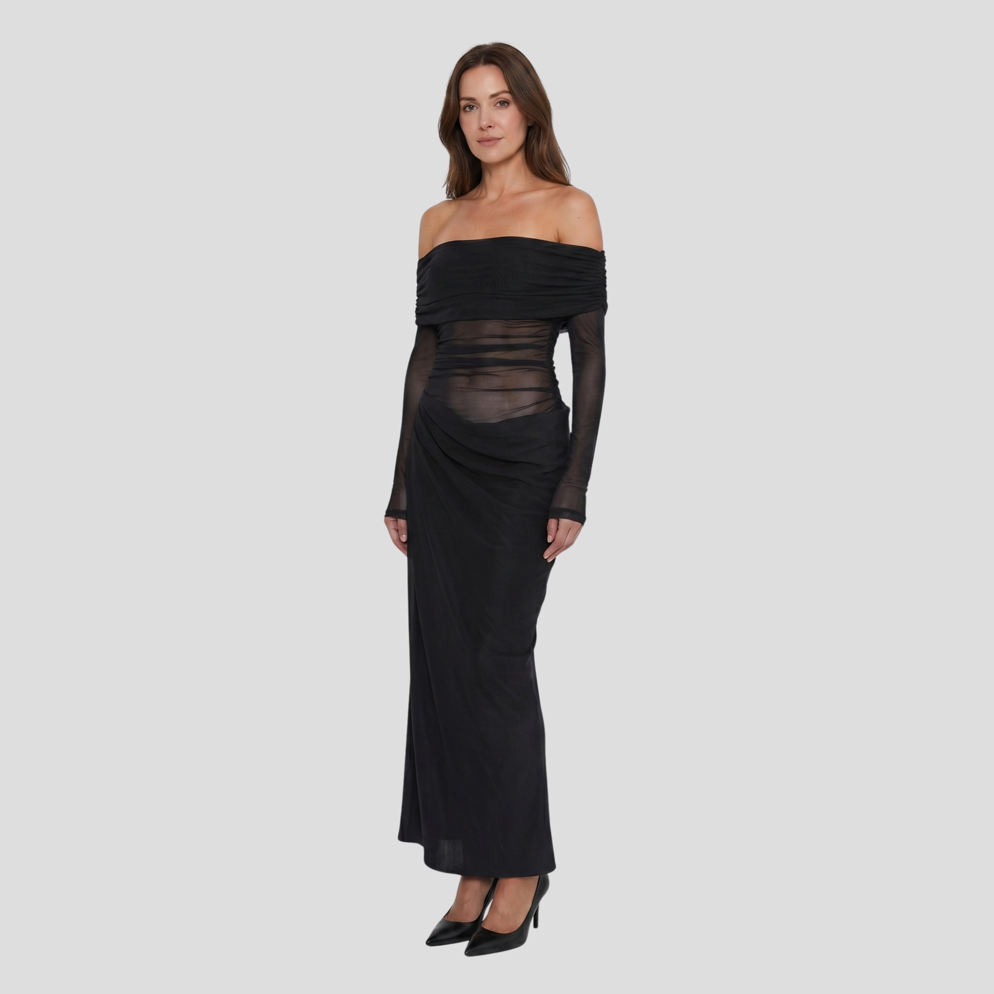 Women's off-shoulder maxi dress with draped neckline and sheer upper detailing