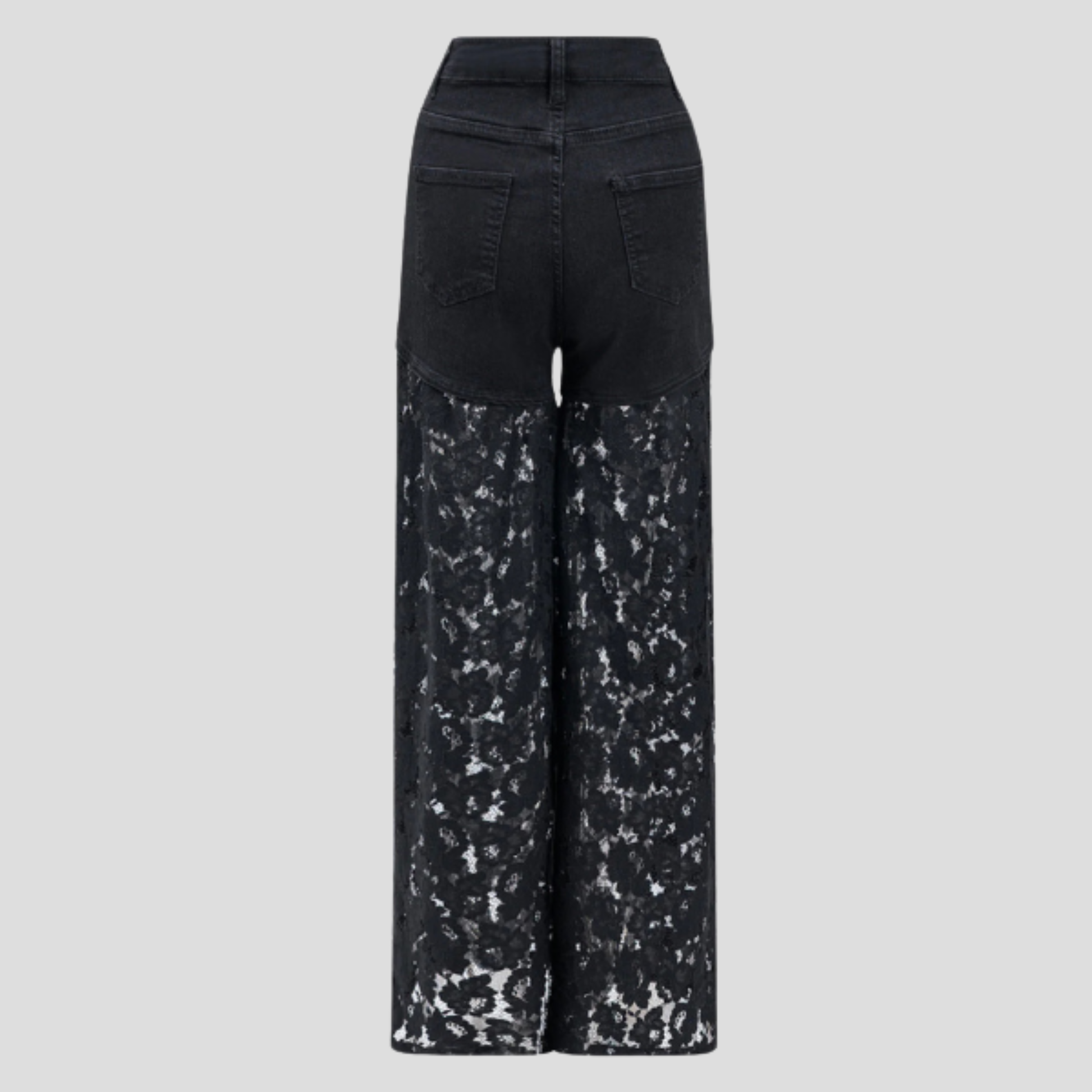 Black high-waist wide-leg jeans with delicate lace panel detail