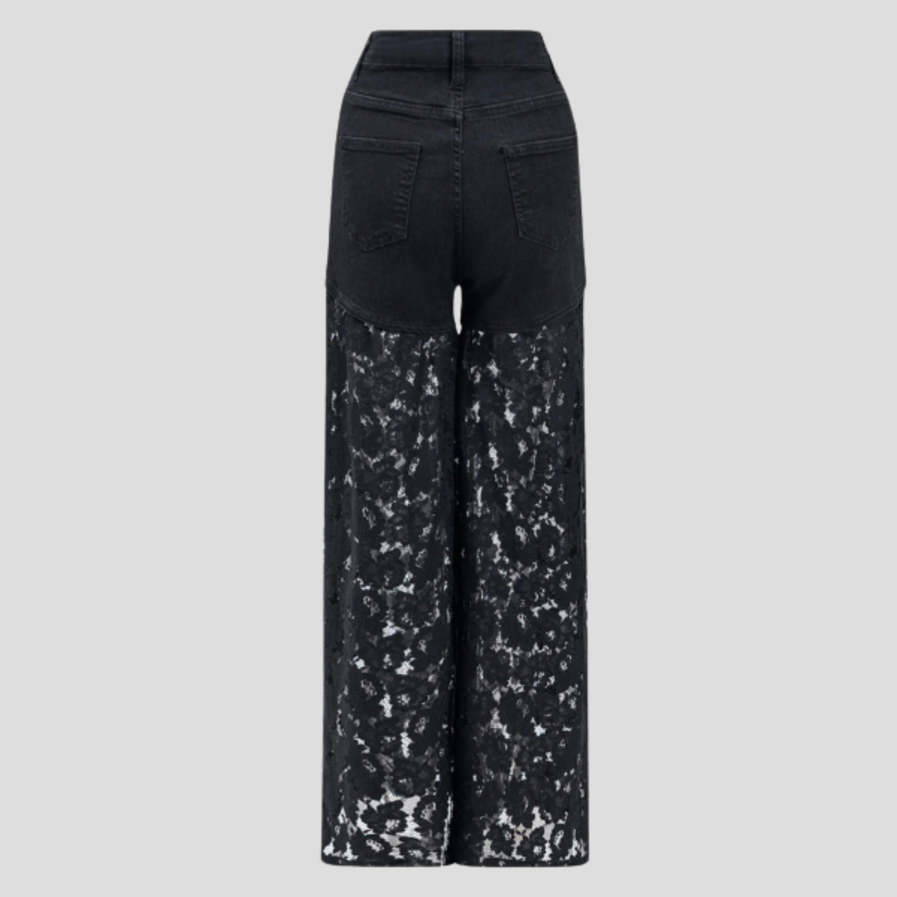 Black high-waist wide-leg jeans with delicate lace panel detail