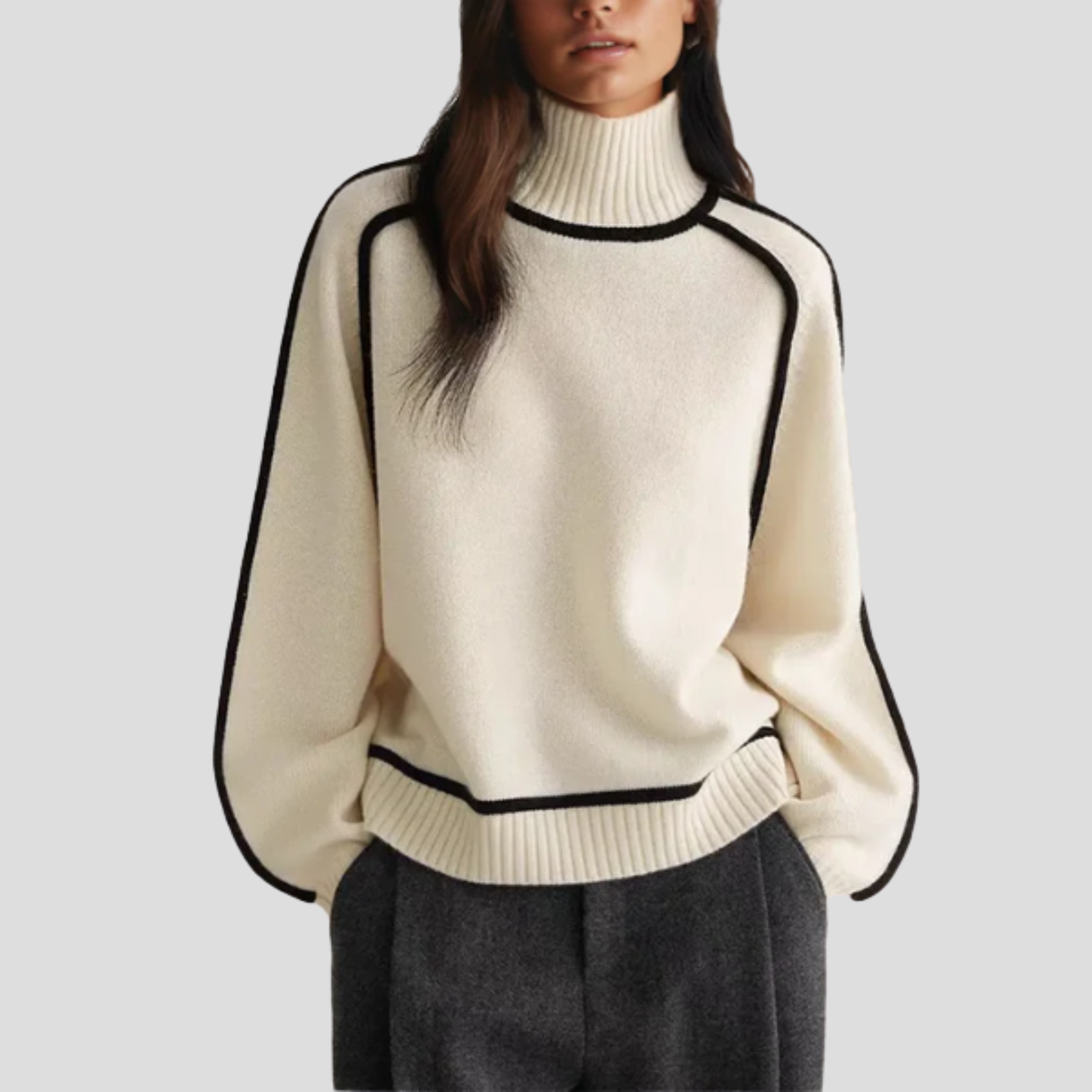 Women's high neck long sleeve sweater with a clean, structured silhouette