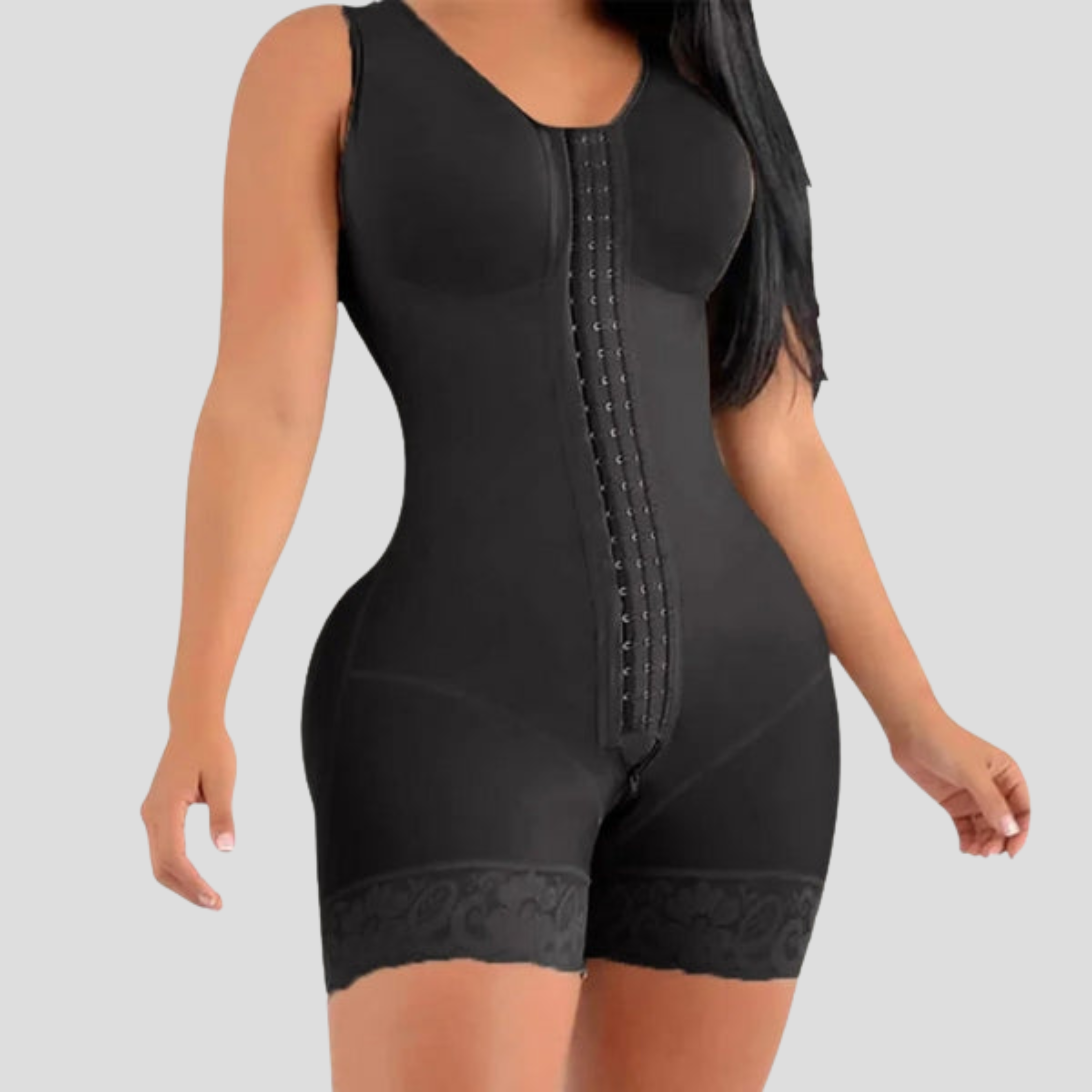 Women's full-length sculpting bodysuit with hook-front closure in black and beige