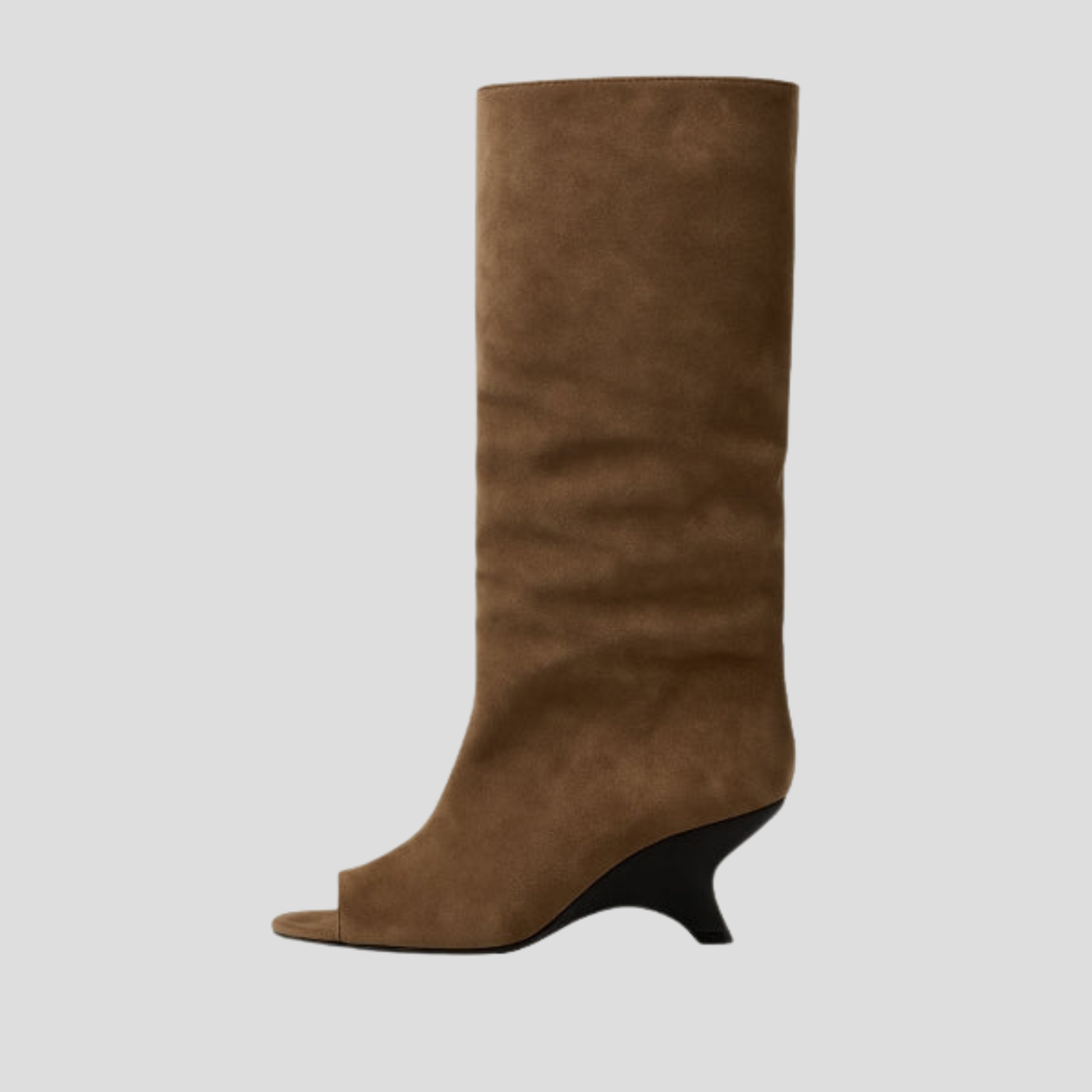Women's open-toe knee-high boots with a clean vertical structure, shown in a neutral tone