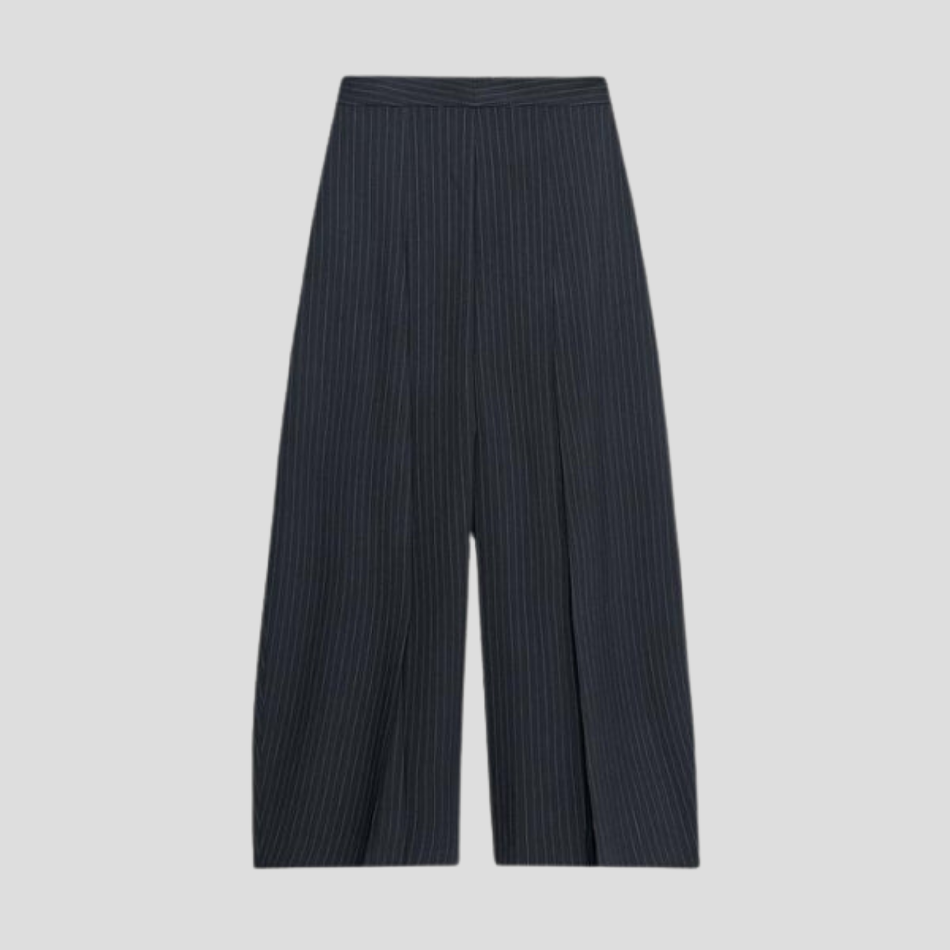 Women's black wide-leg trousers with vertical pinstripe pattern