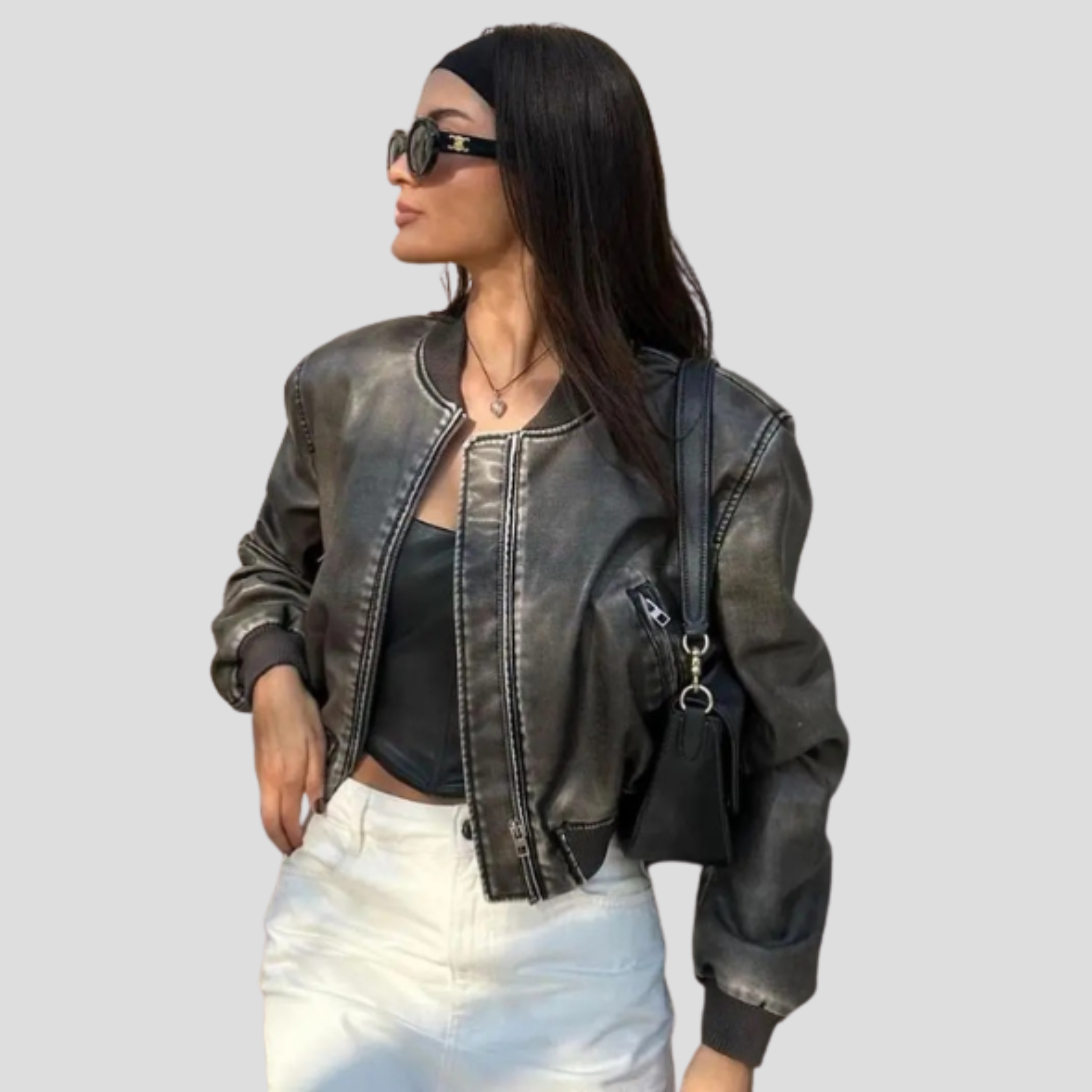 Brown women's jacket with ribbed cuffs and hem and a streamlined silhouette