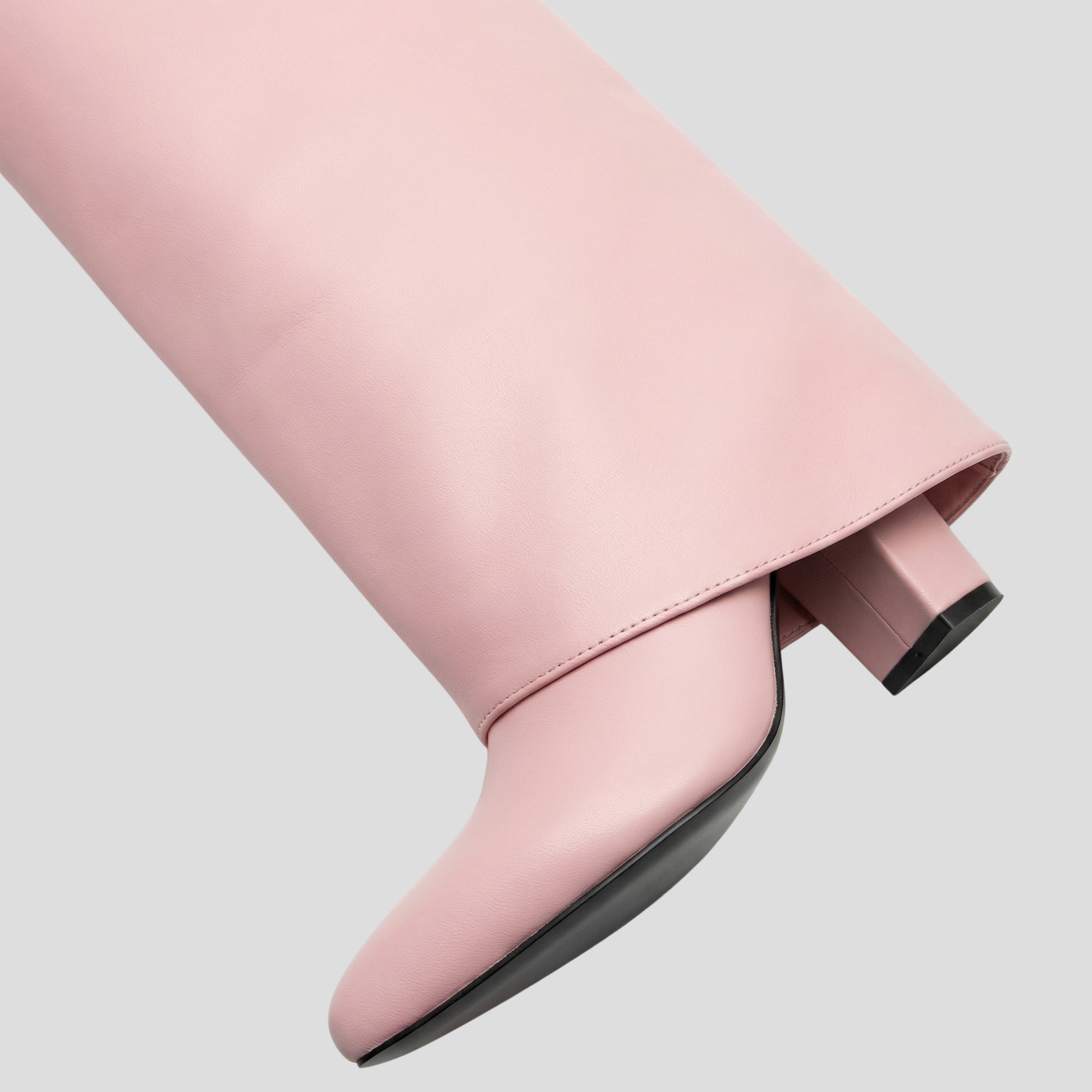 Sculpted knee-high boots with square heel, shown in black, pink and white