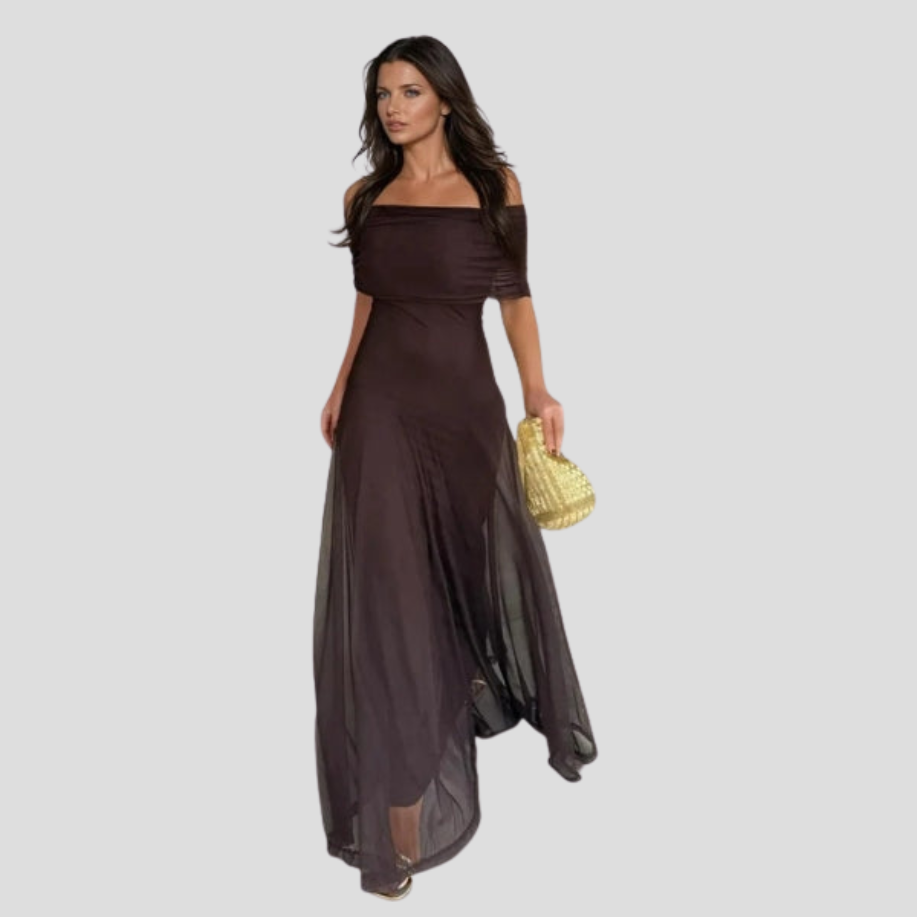 Brown off-shoulder maxi dress with sheer overlay and floor-length silhouette for evening wear