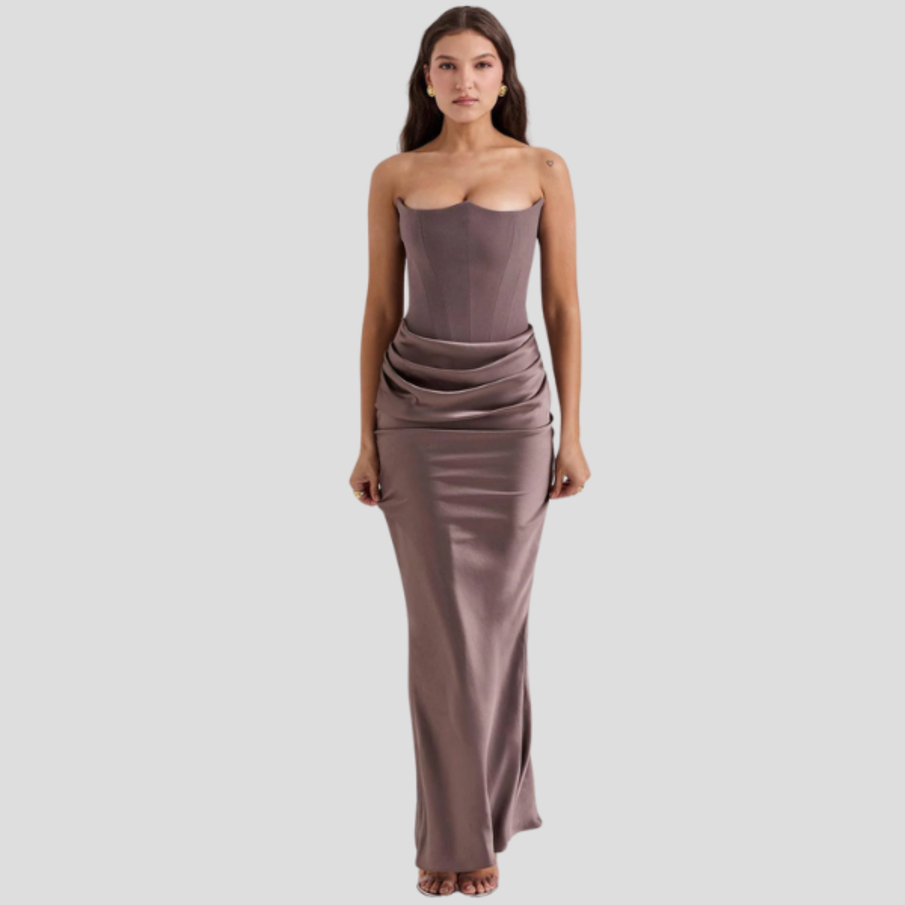Strapless corset bodice maxi dress with draped waist in a full-length evening silhouette