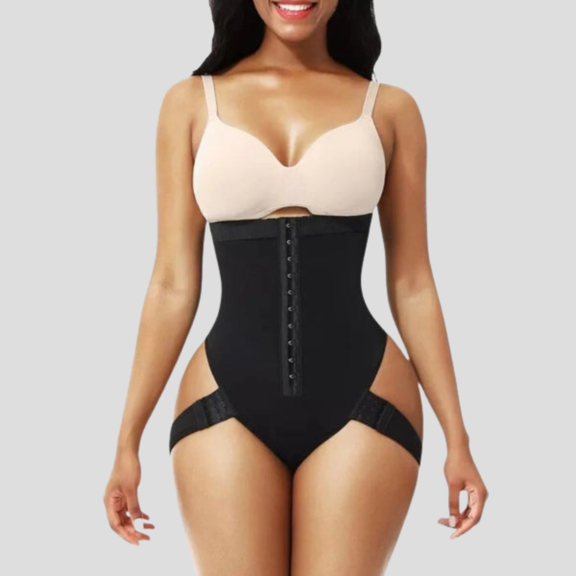 High-waist women's shaping brief with hook-front closure in black and beige
