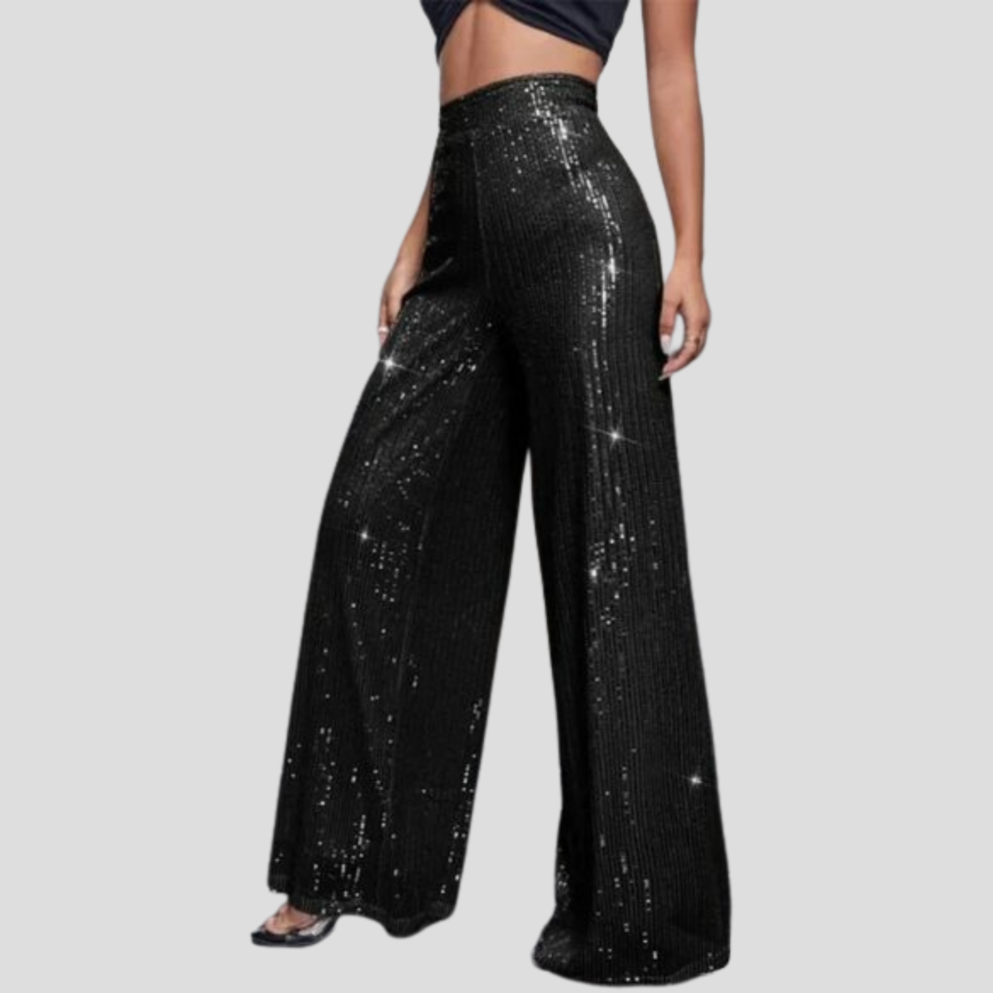Women's high-waist wide-leg sequin pants in black with shimmering surface detail