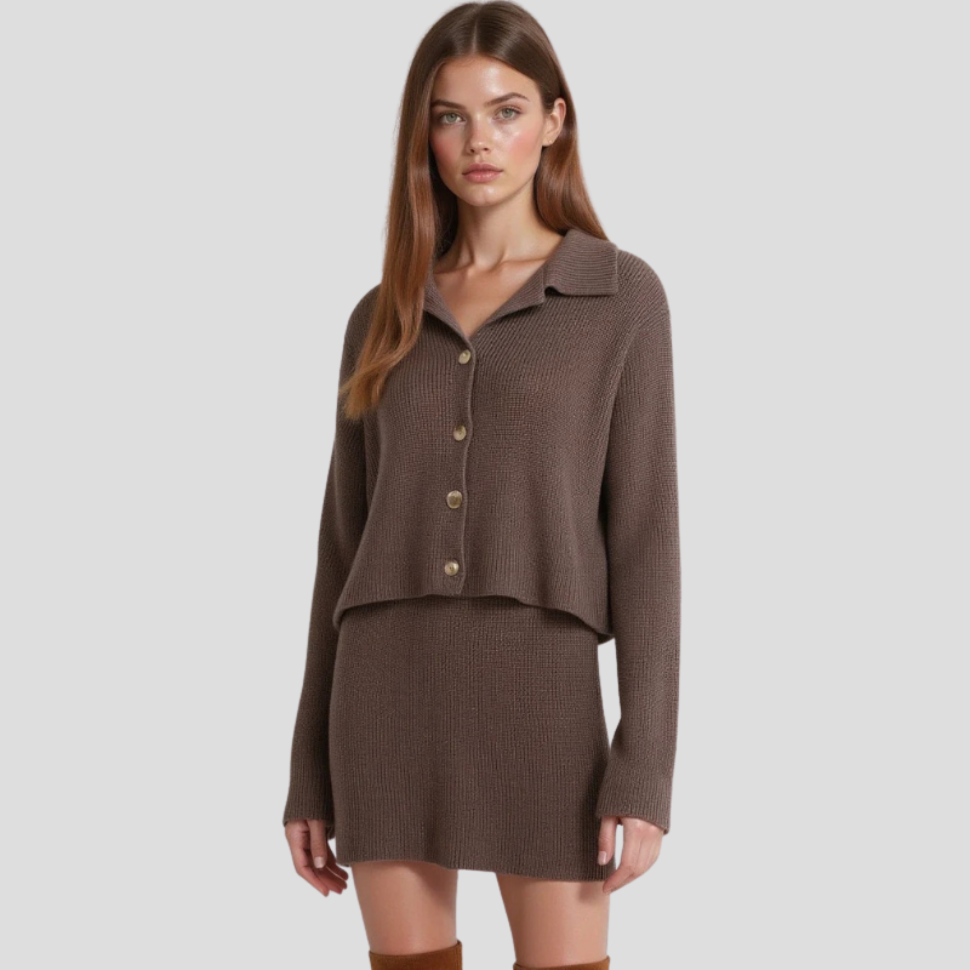 Women's brown knit set with cardigan-style top and coordinated skirt