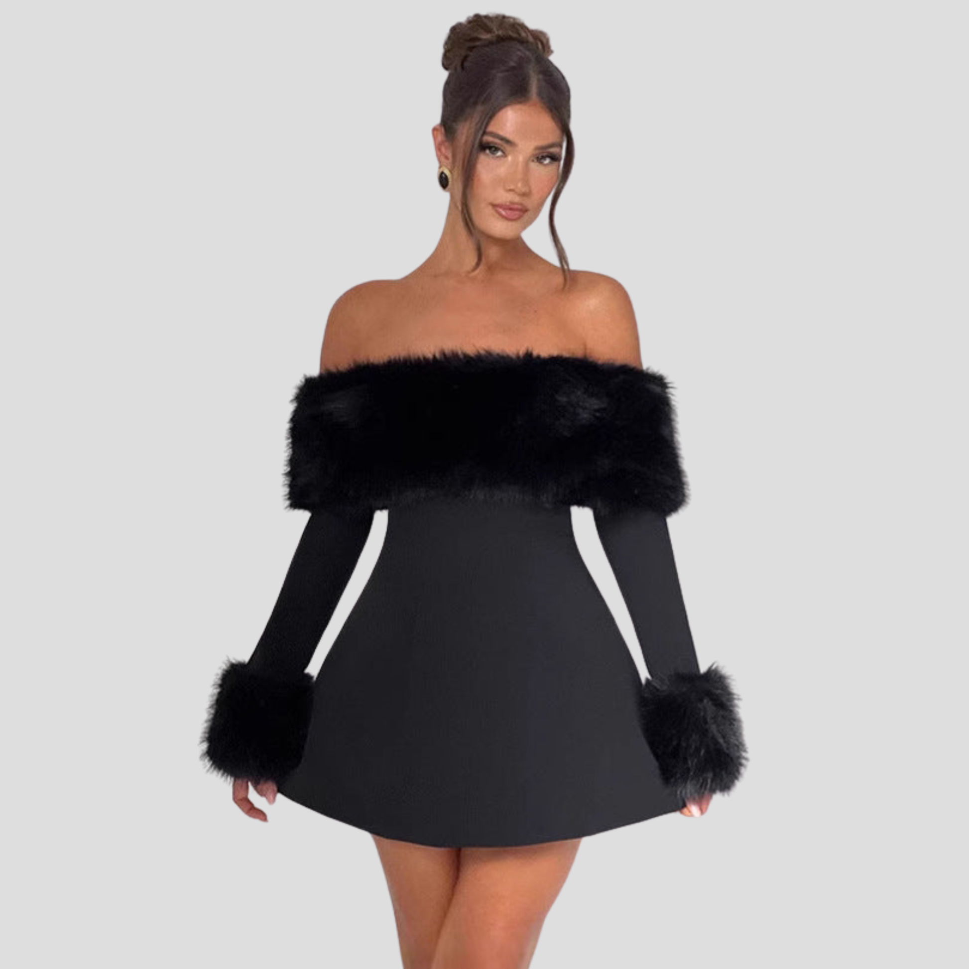 Black off-shoulder mini dress with flared hem for evening wear