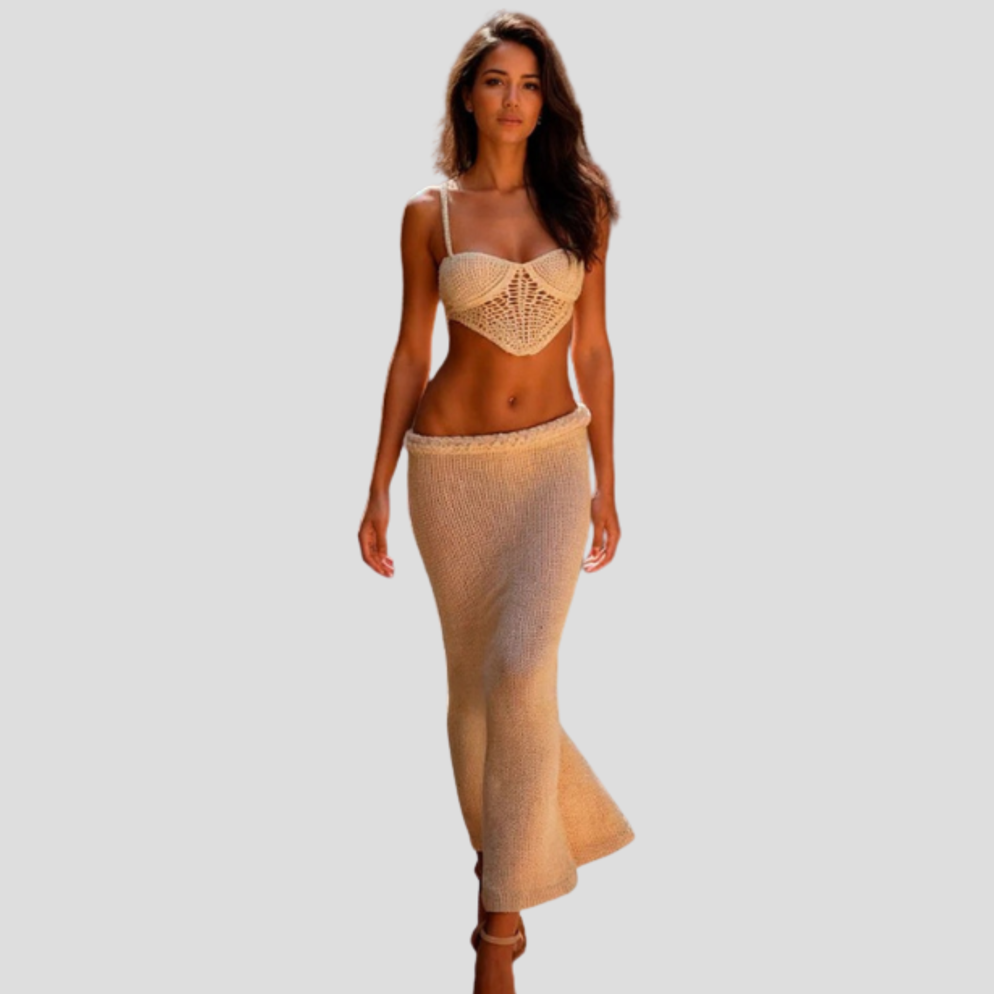 White crochet bralette and full-length maxi skirt two-piece set for women
