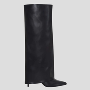 Sculpted knee-high women's boots with pointed toe and slim heel in black and brown