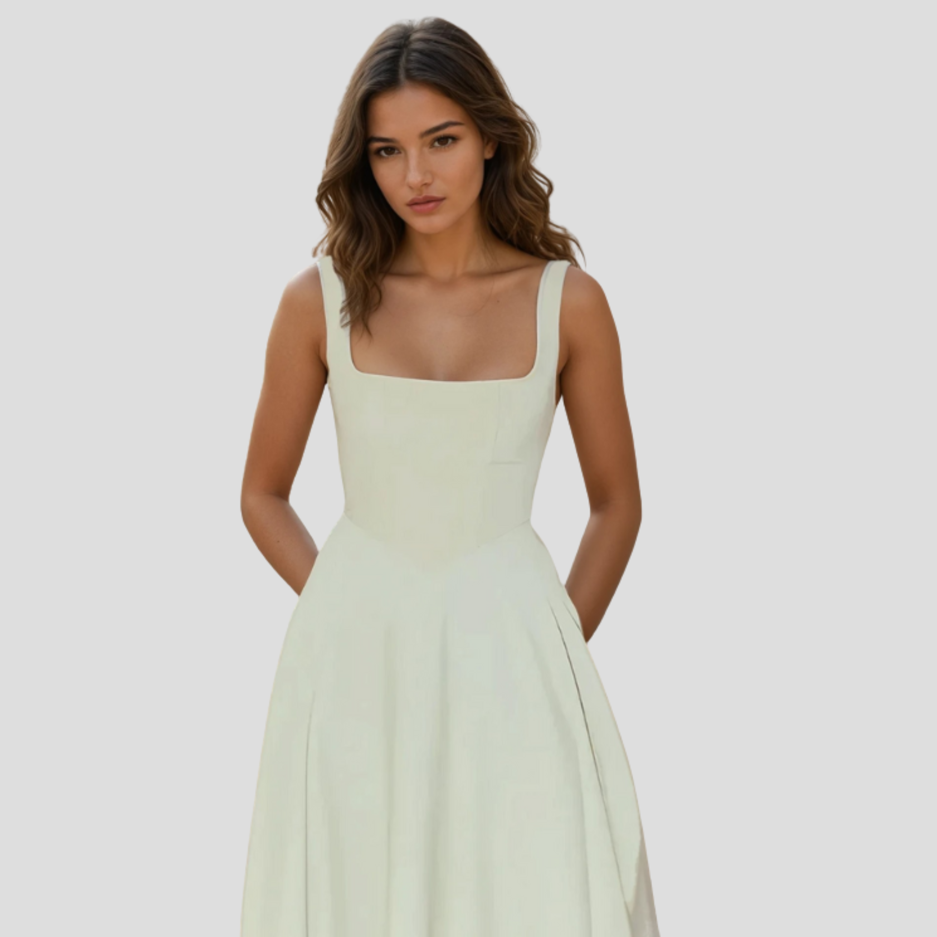 Women's square neckline A-line midi dress in green, white and black