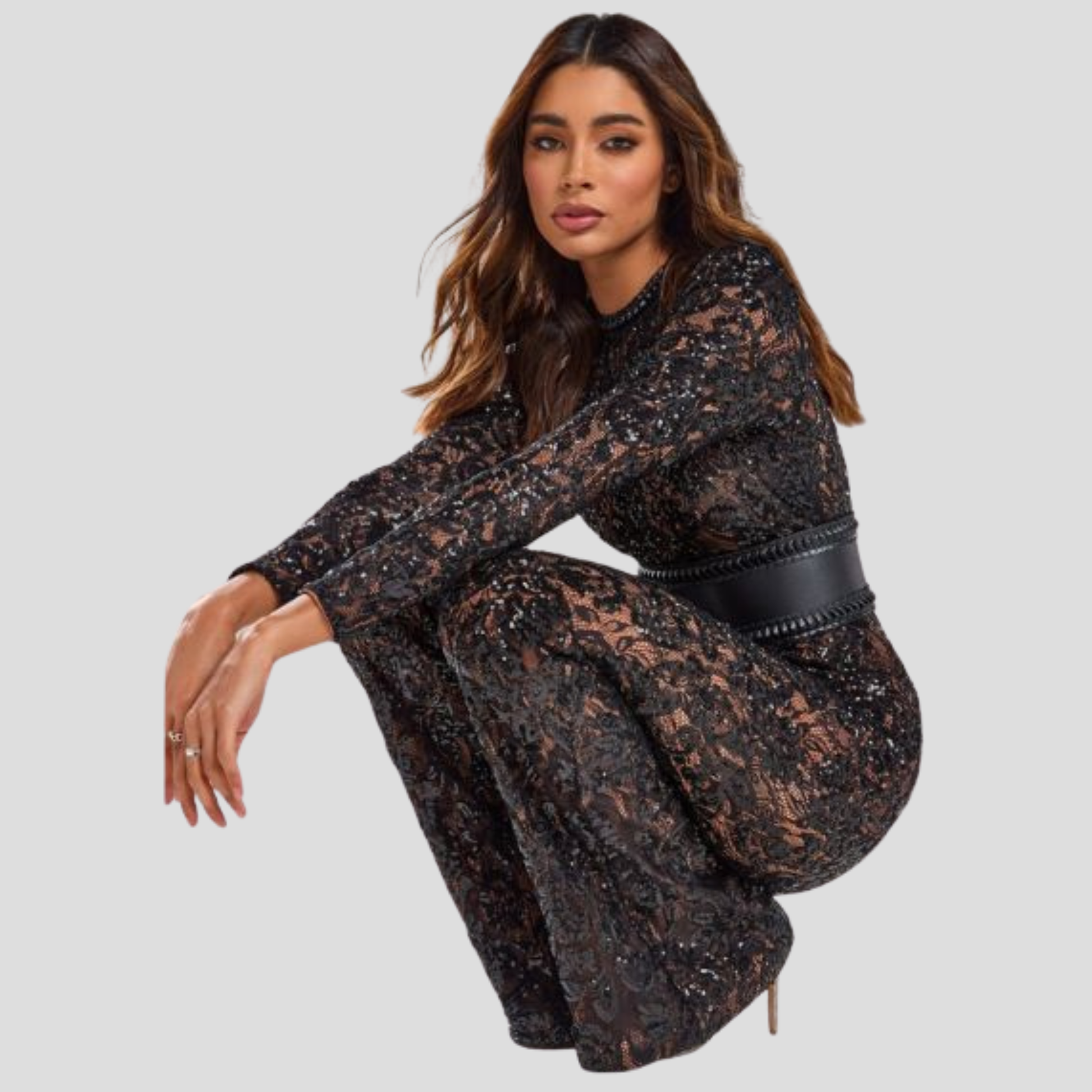 Women's jumpsuit with fitted bodice and flared leg silhouette in black and white