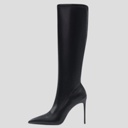 Women's knee-high pointed-toe boots with slim heel and side zip in black and white