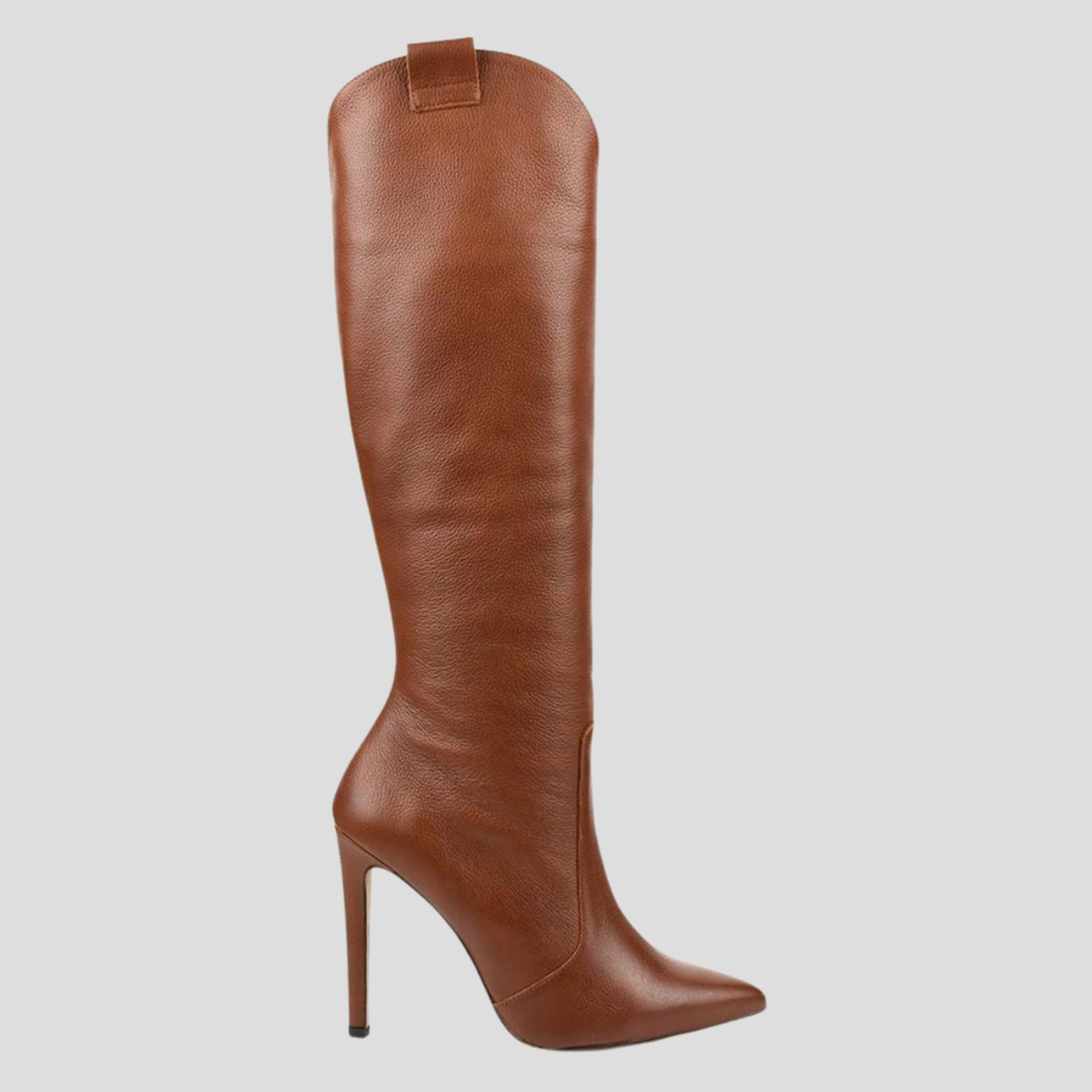 Knee-high pointed-toe women's boots with a slim heel and clean vertical silhouette