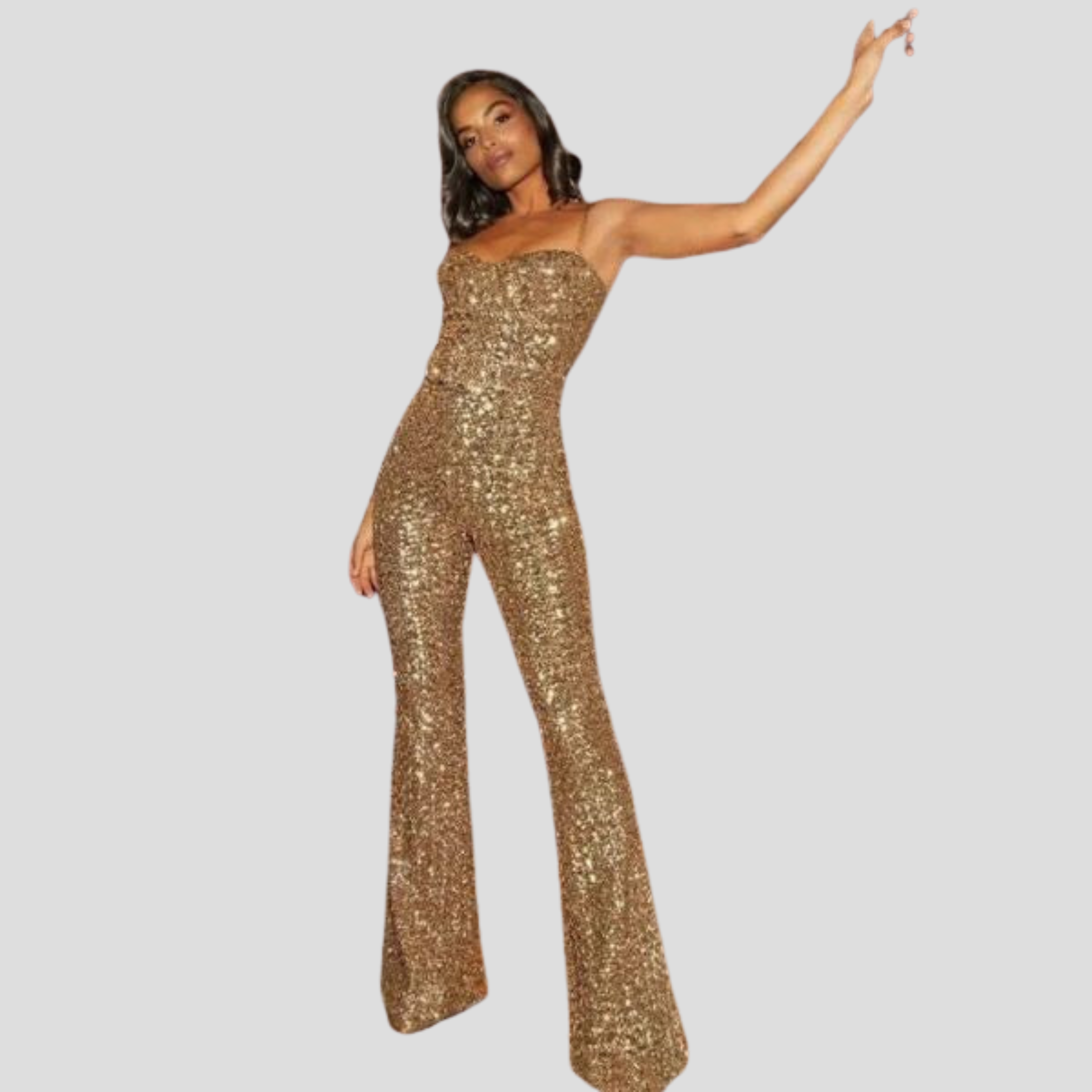 Women's strapless gold jumpsuit with a belted waist