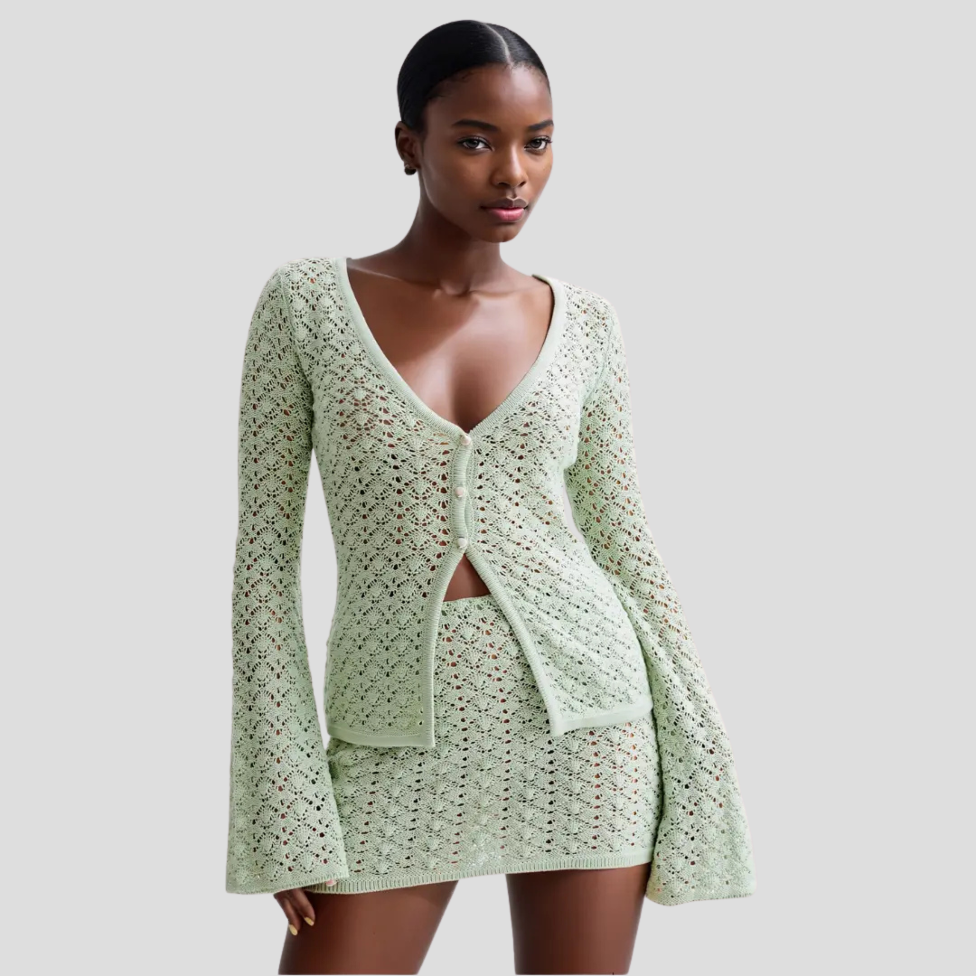 Amalfi V-neck knit top and coordinated front-split skirt set in green and white