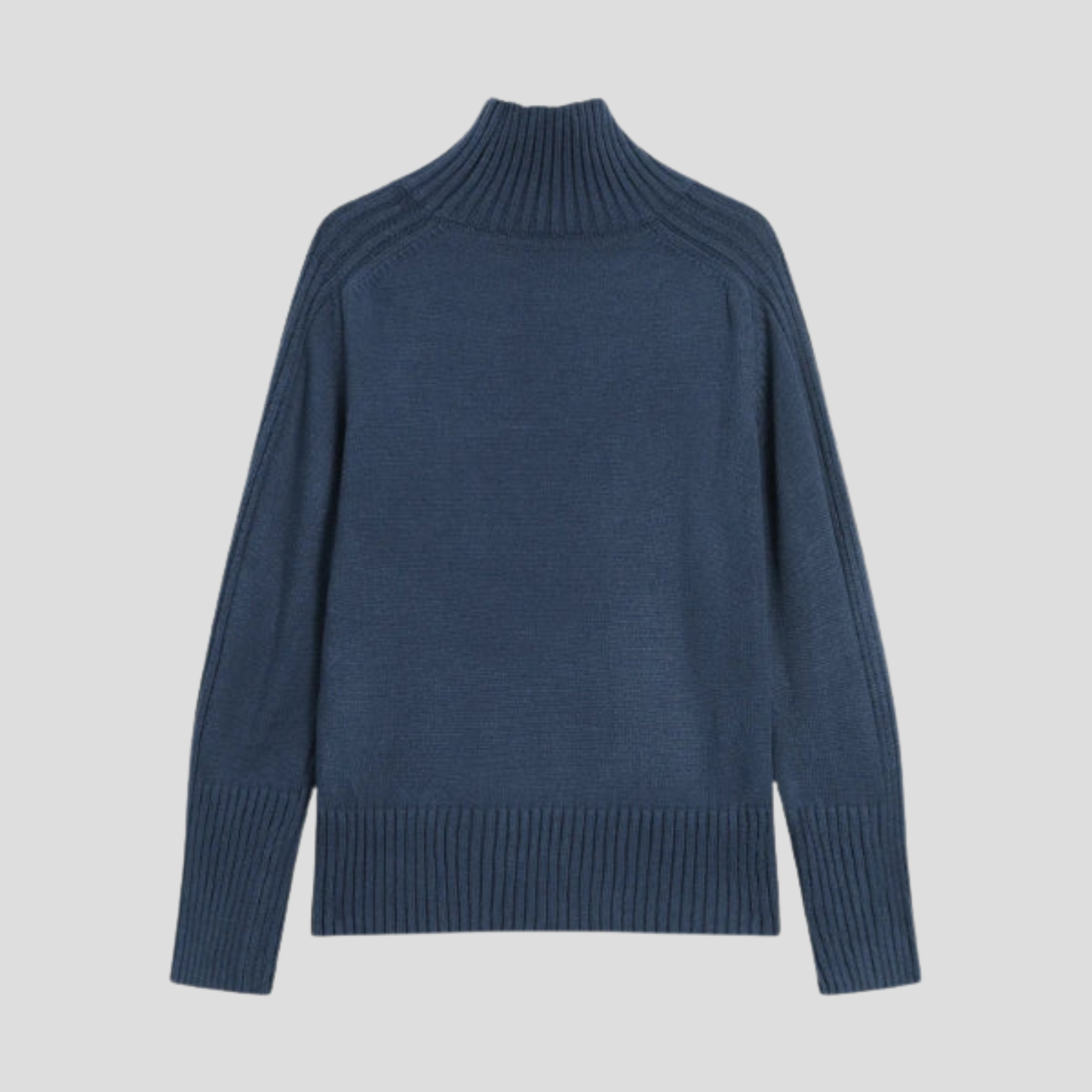 Navy blue ribbed high neck sweater with relaxed silhouette and extended cuffs