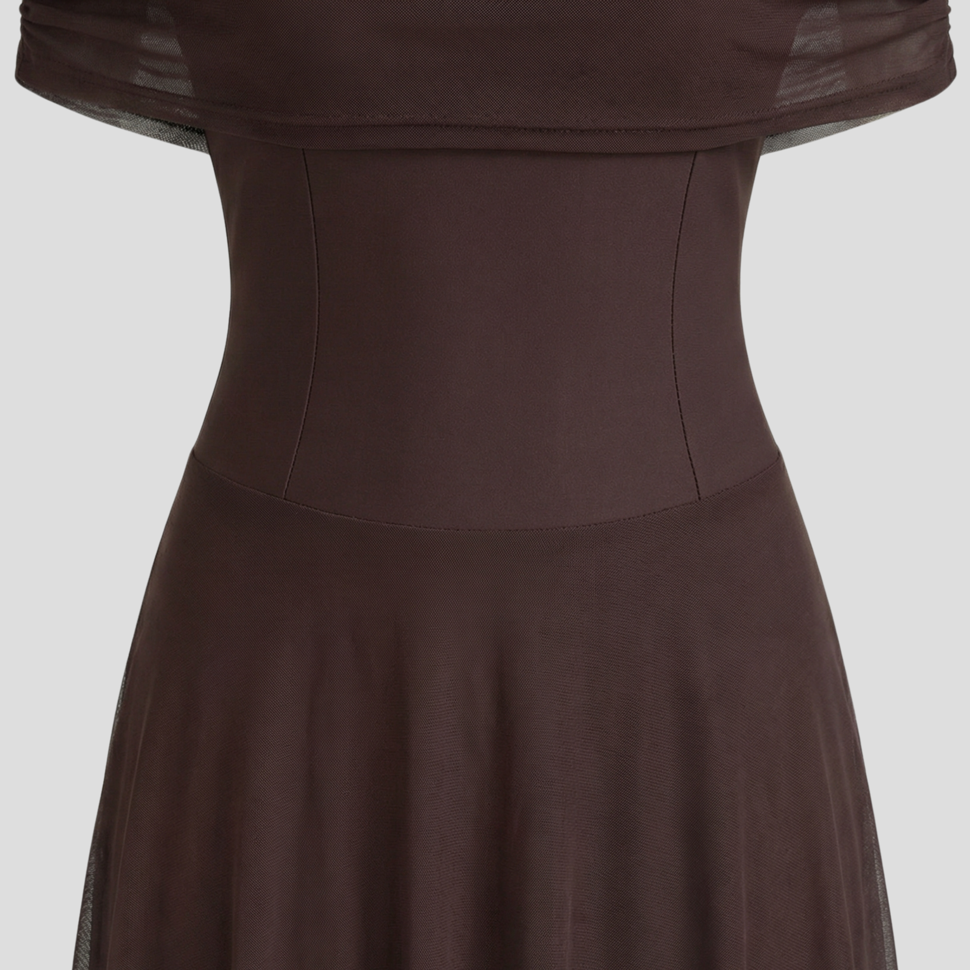 Brown off-shoulder maxi dress with sheer overlay and floor-length silhouette for evening wear