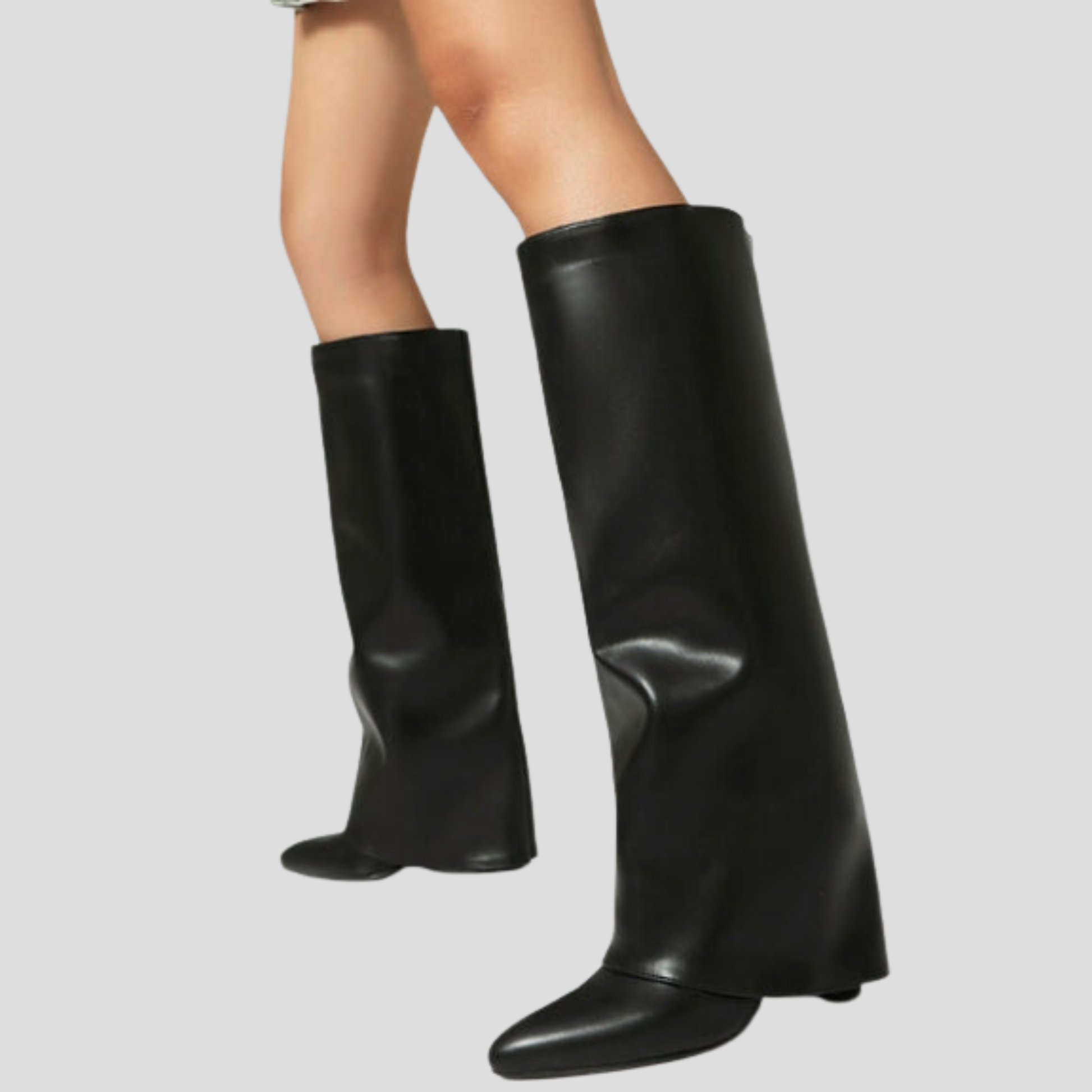Sculpted knee-high boots with square heel, shown in black, pink and white