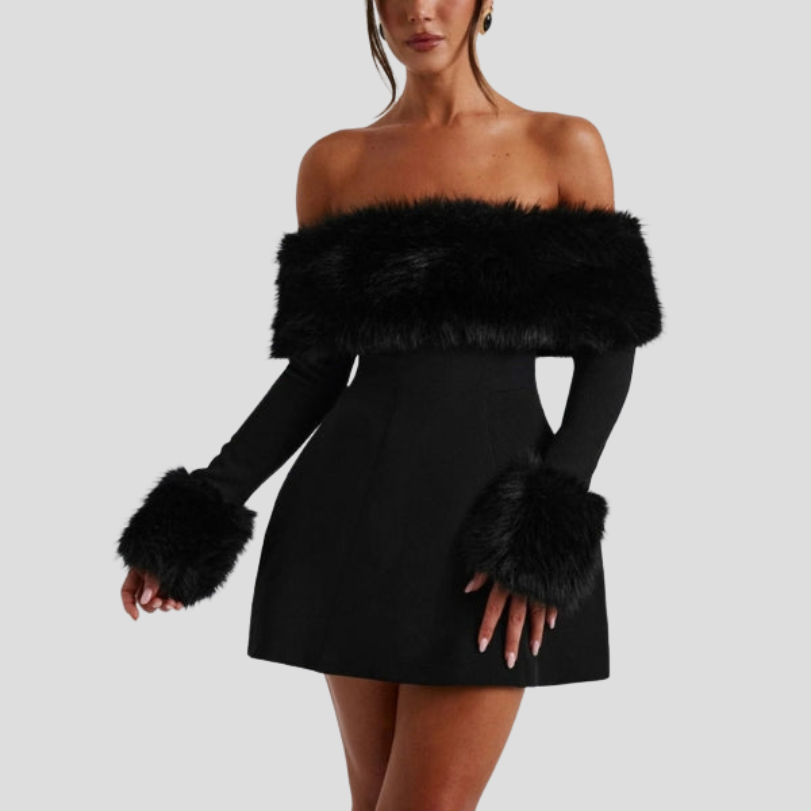 Black off-shoulder mini dress with defined trim silhouette for evening wear
