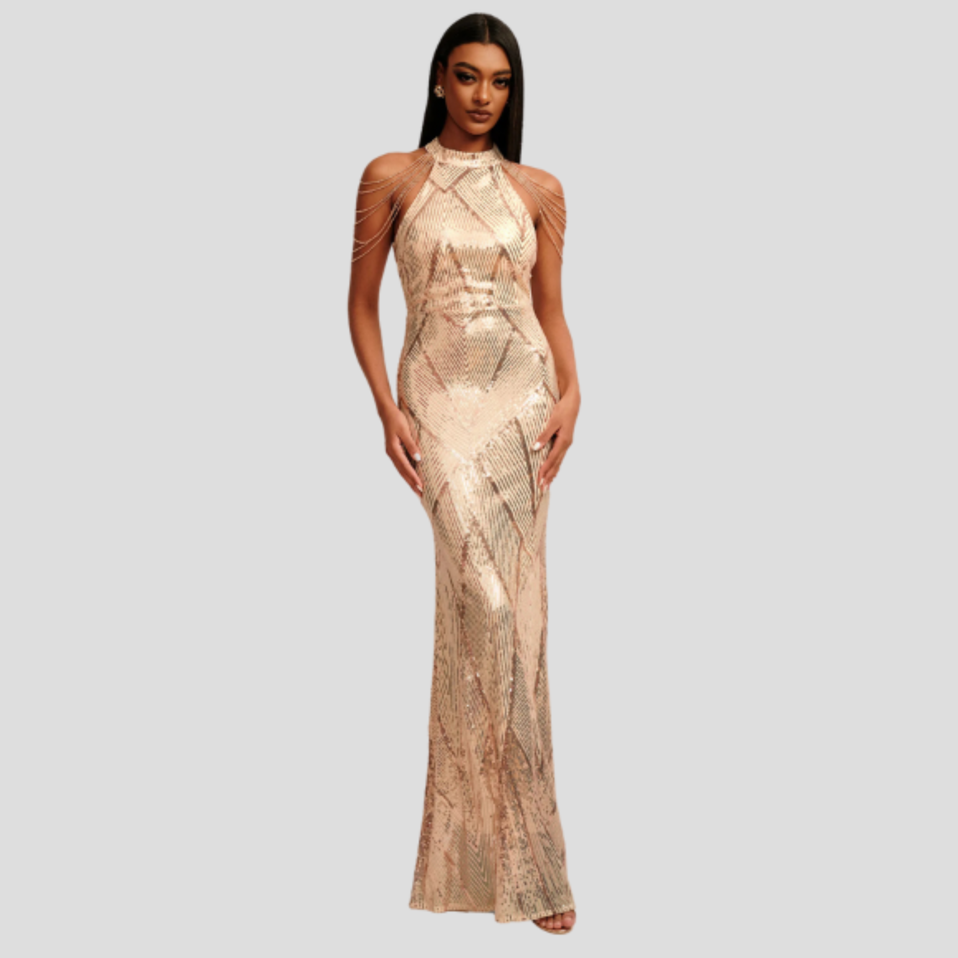 Women's fitted sequin evening gown with halter neckline in gold