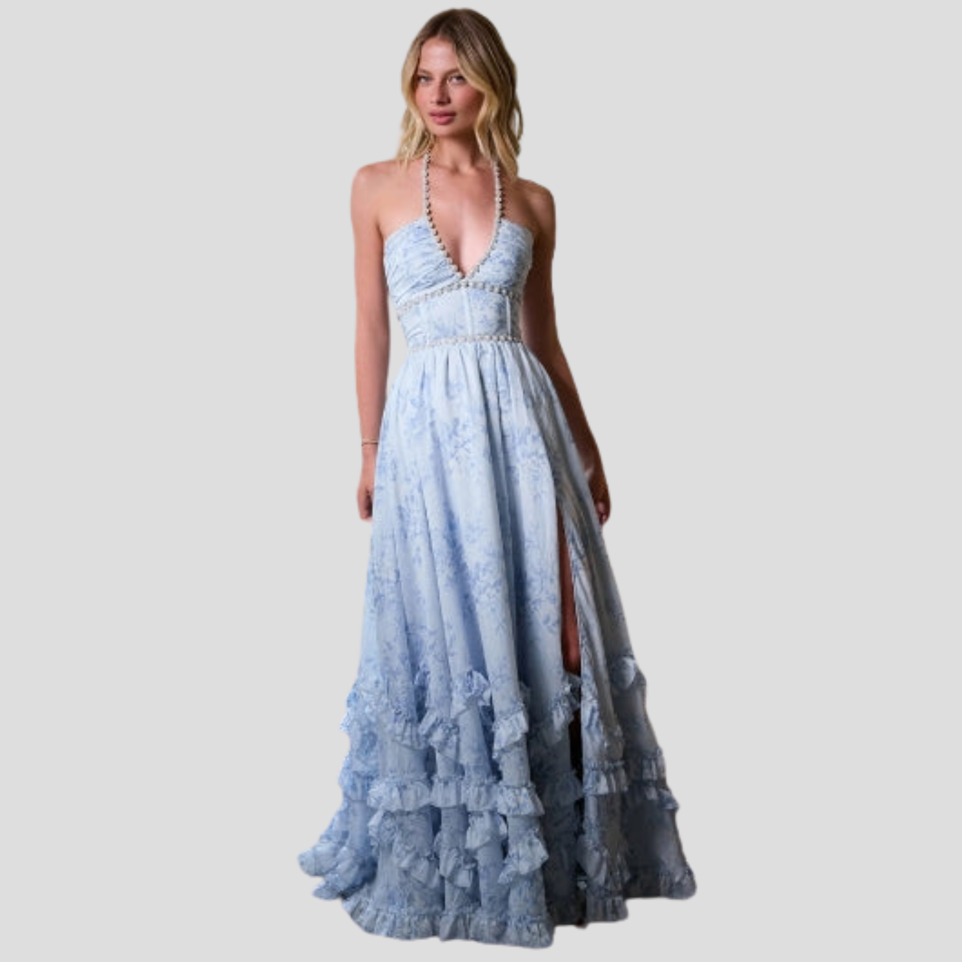 Blue maxi dress with corset bodice and ruffled hem for evening wear