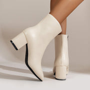 Women's faux leather block heel ankle boots with side zipper in white, black and beige