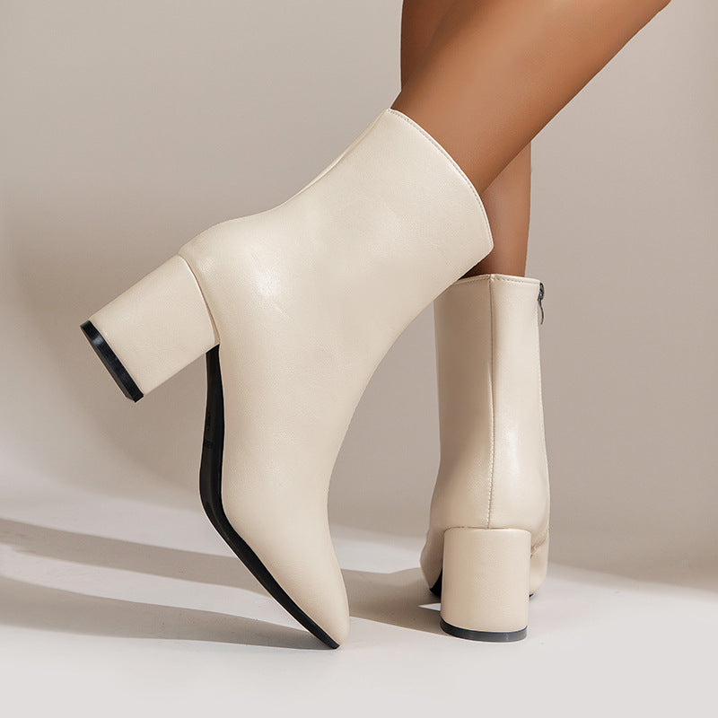 Women's faux leather block heel ankle boots with side zipper in white, black and beige