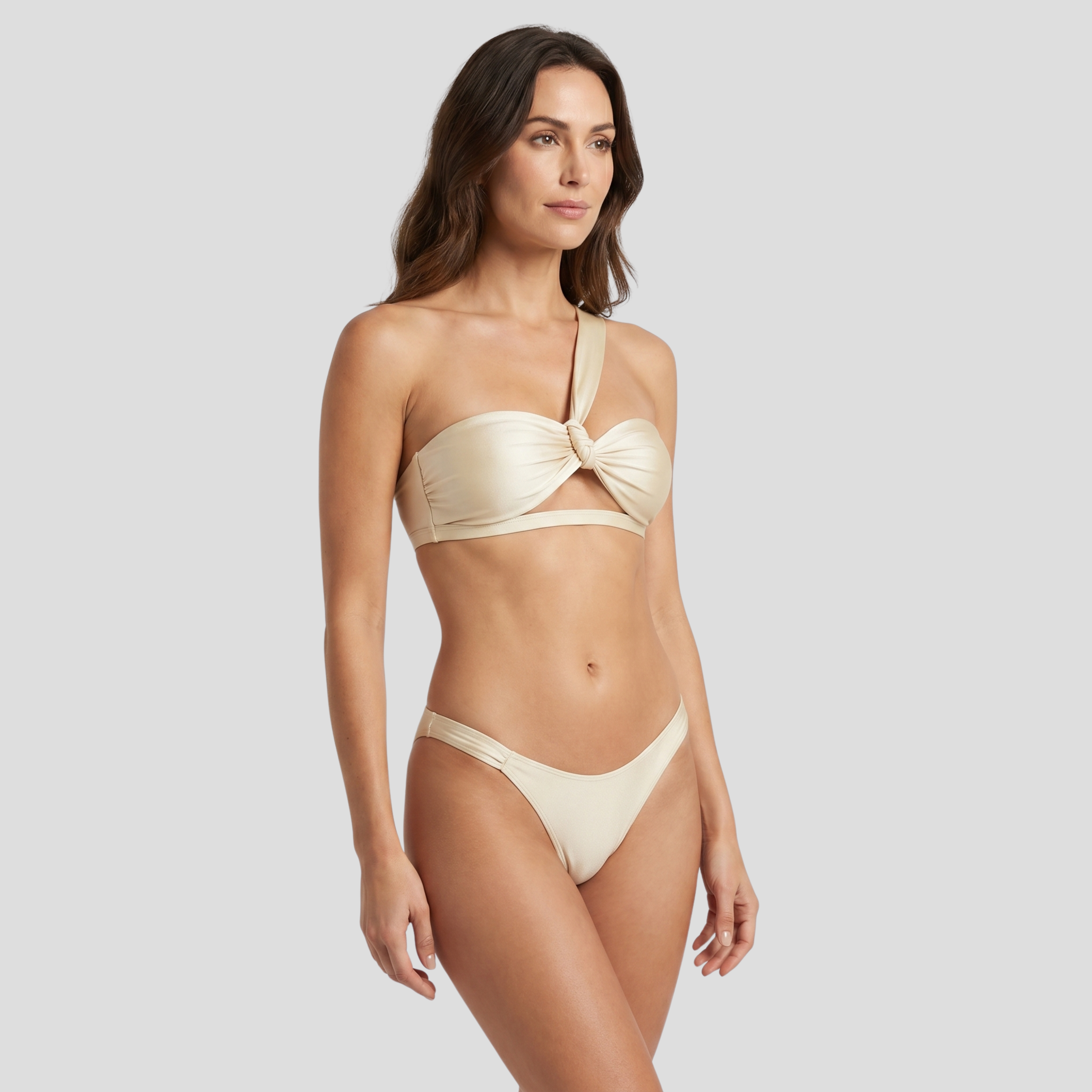 White one-shoulder bikini set with knot detail on the front
