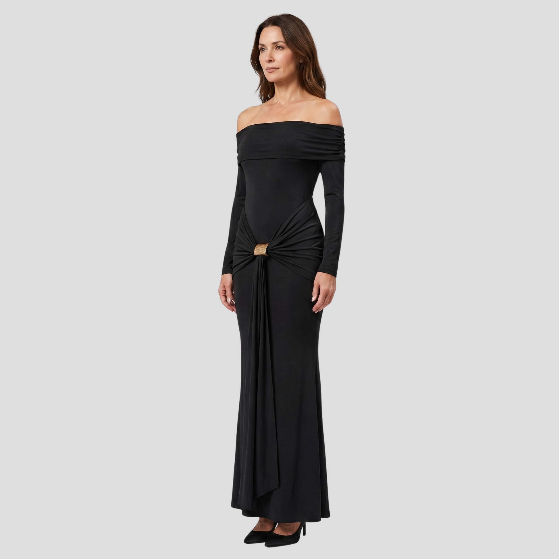 Women's off-shoulder long-sleeve maxi dress with front detail in black, brown and red