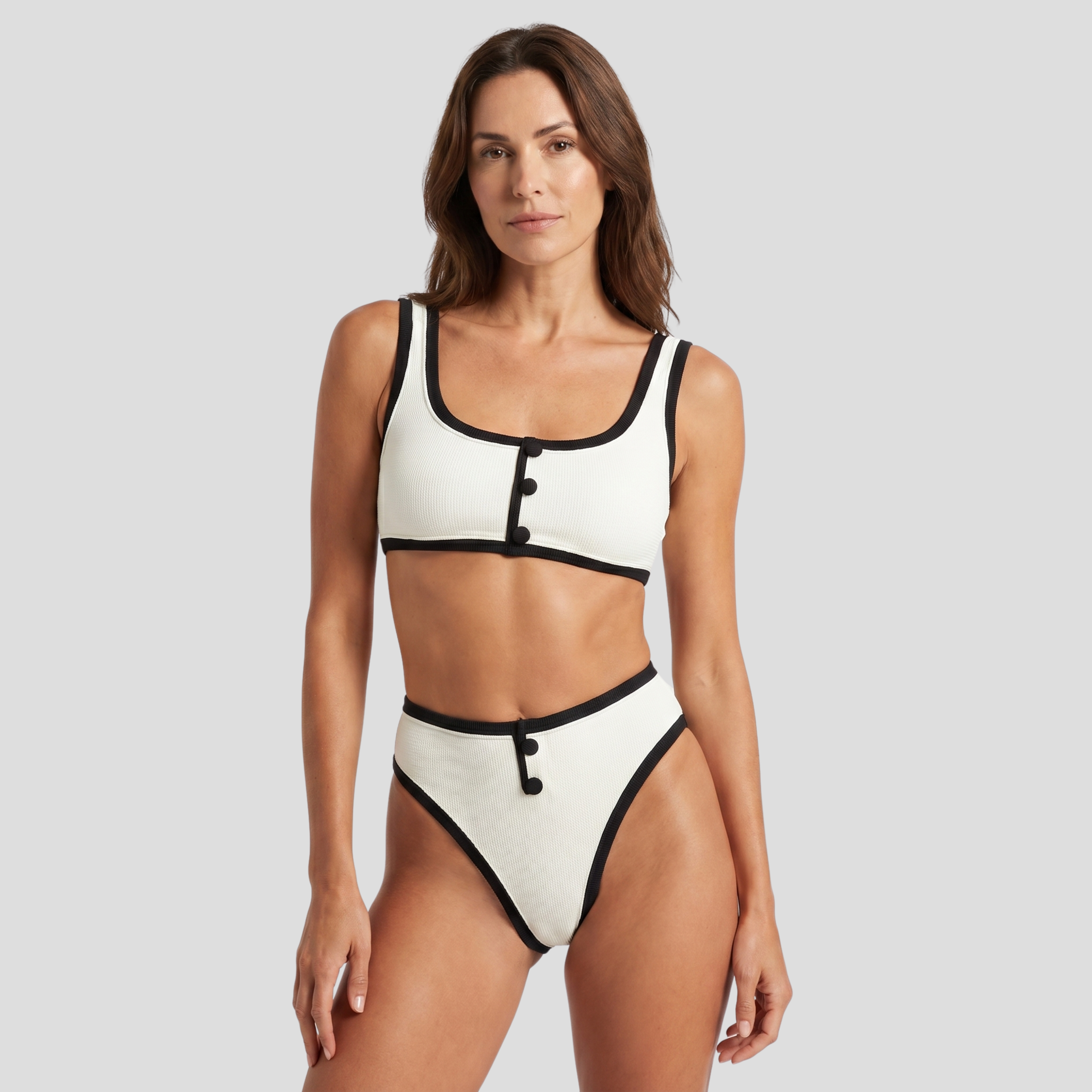 White two-piece bikini set with contrast edge detailing