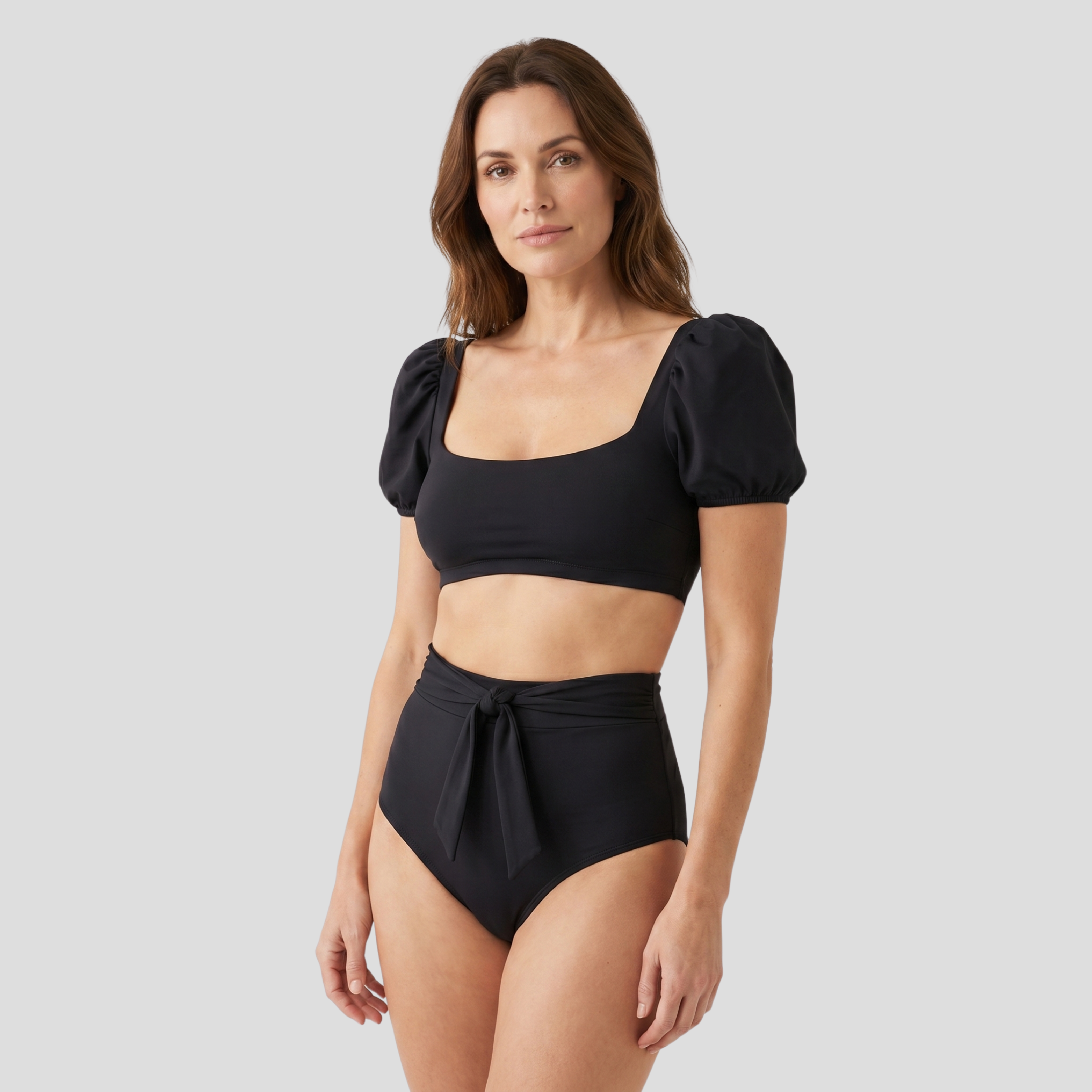 Black puff sleeve two-piece bikini set with waist-tie detail