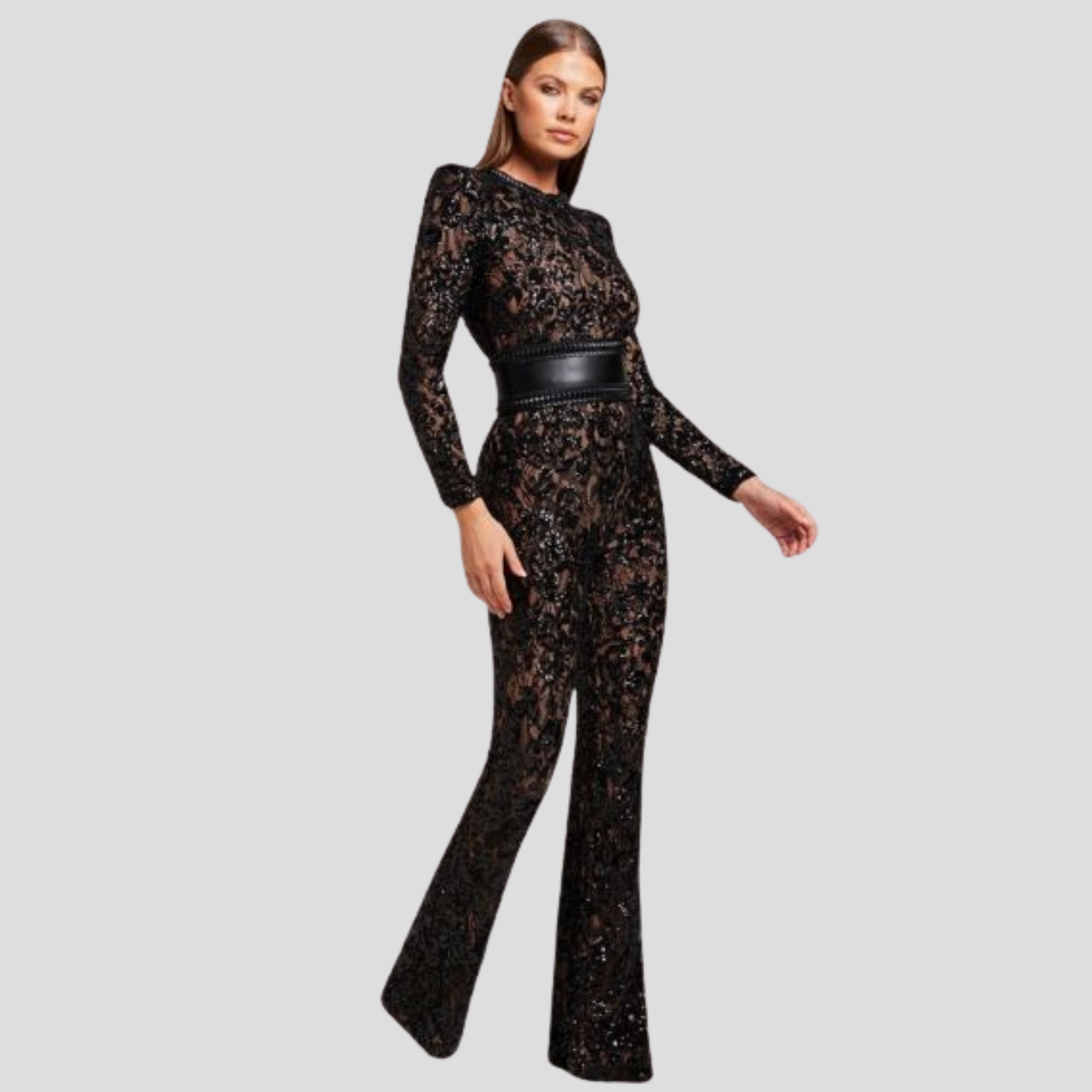 Women's jumpsuit with fitted bodice and flared leg silhouette in black and white