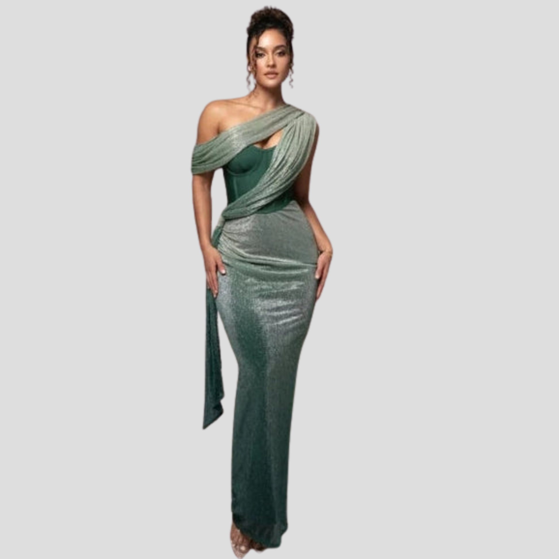 Woman wearing a one-shoulder draped floor-length maxi evening dress