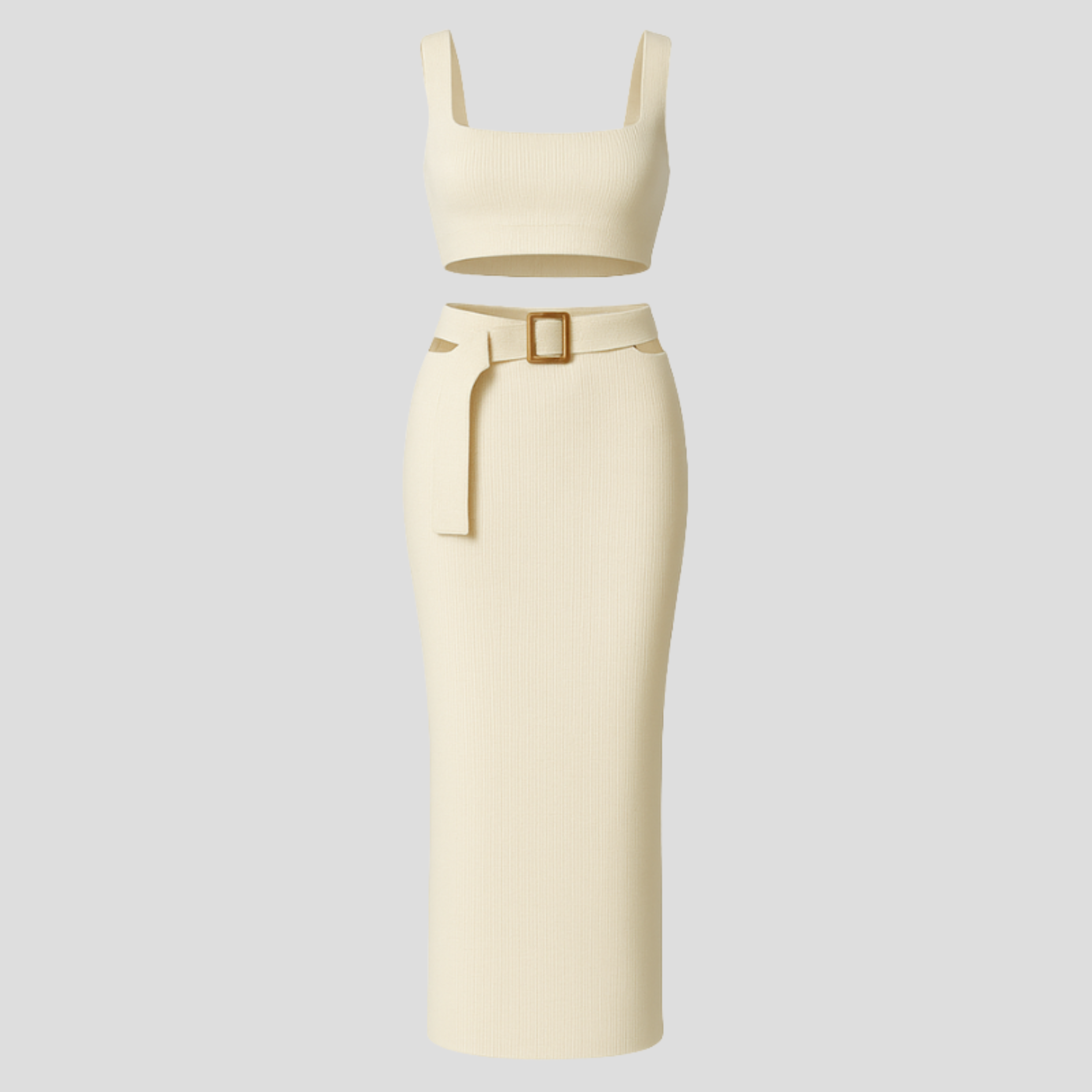 White women's two-piece set with wide-strap top and high-waist skirt for occasion wear