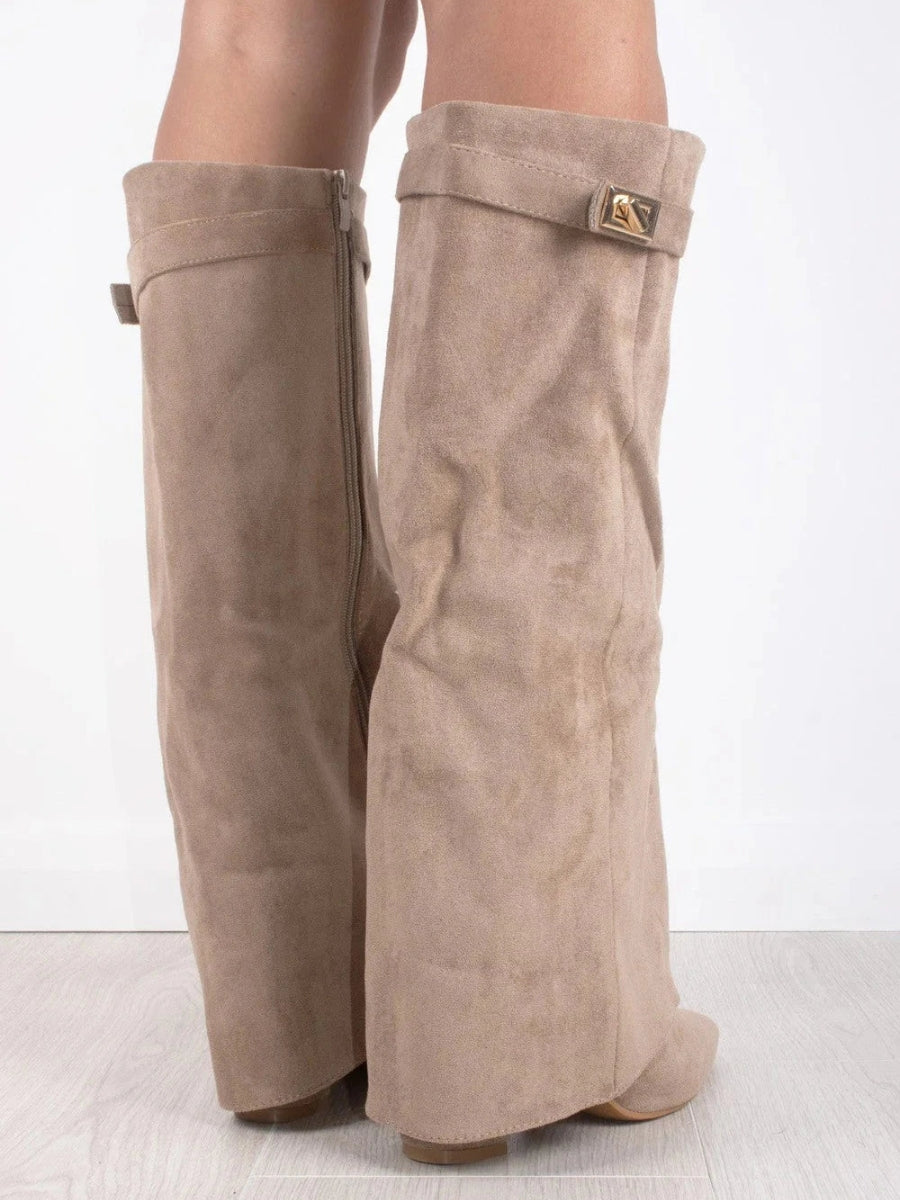 Elegant women's suede and leather boots with subtle golden accents