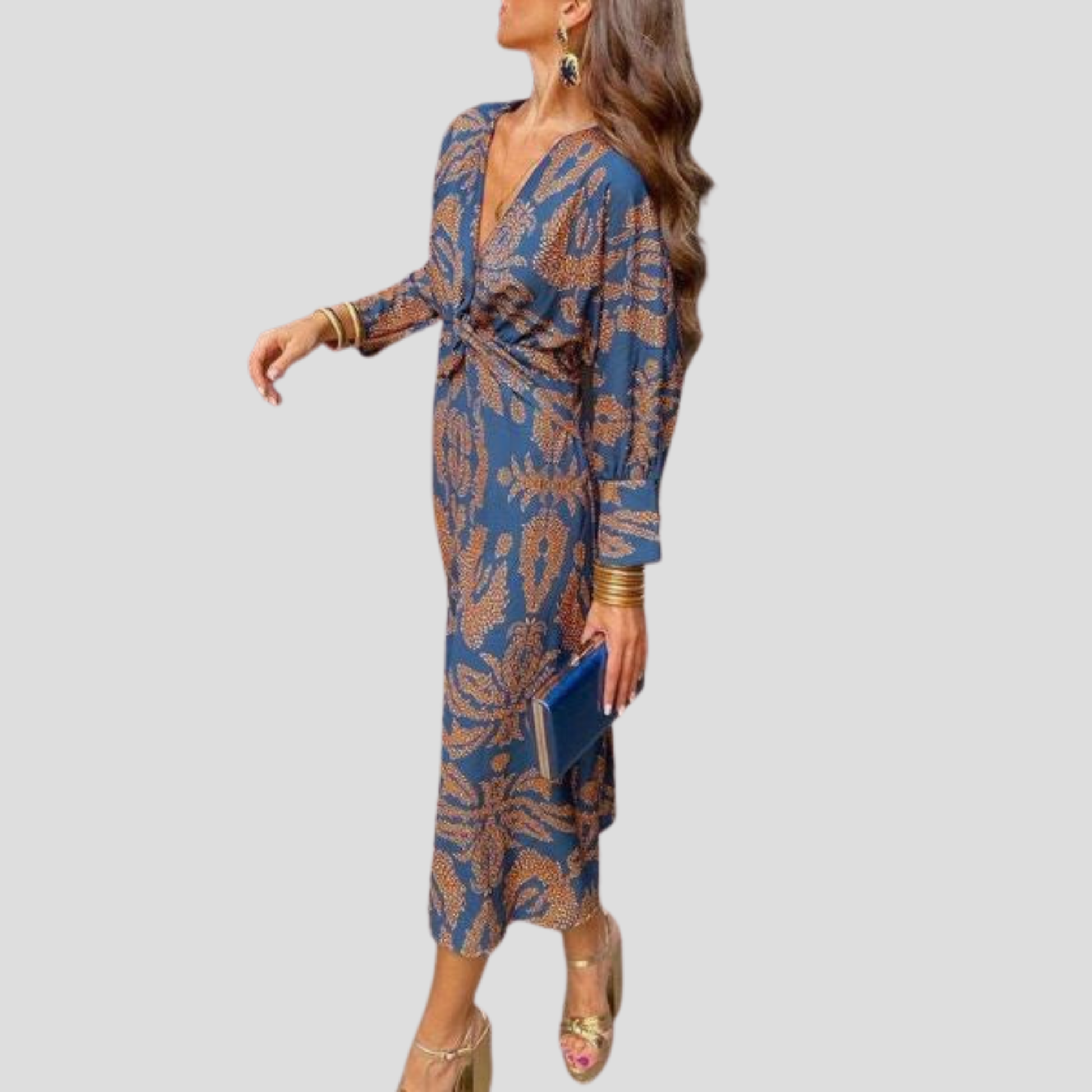 Women's flowing midi dress with defined waist shown in blue, green, red and purple