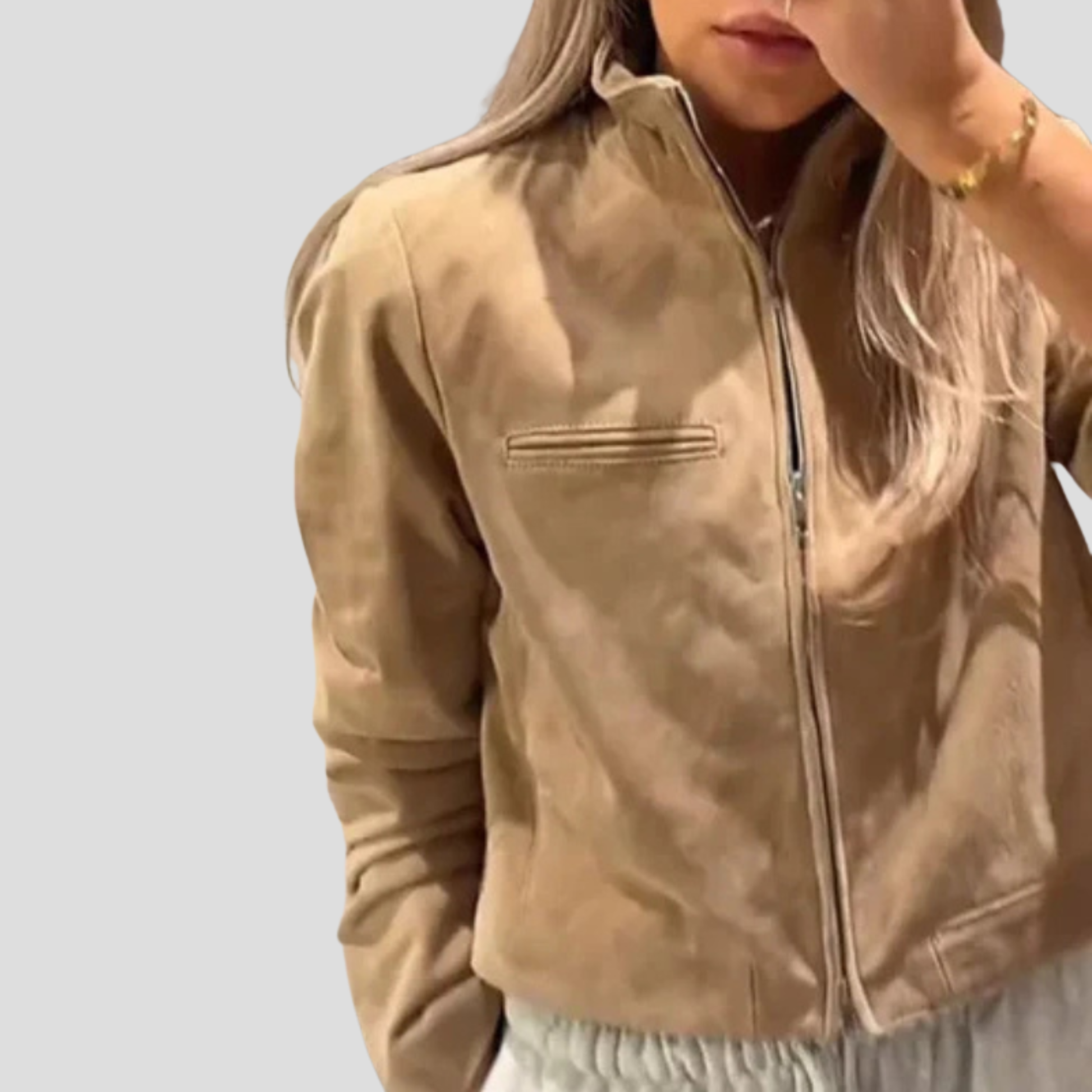Beige cropped women's jacket with stand collar for everyday wear