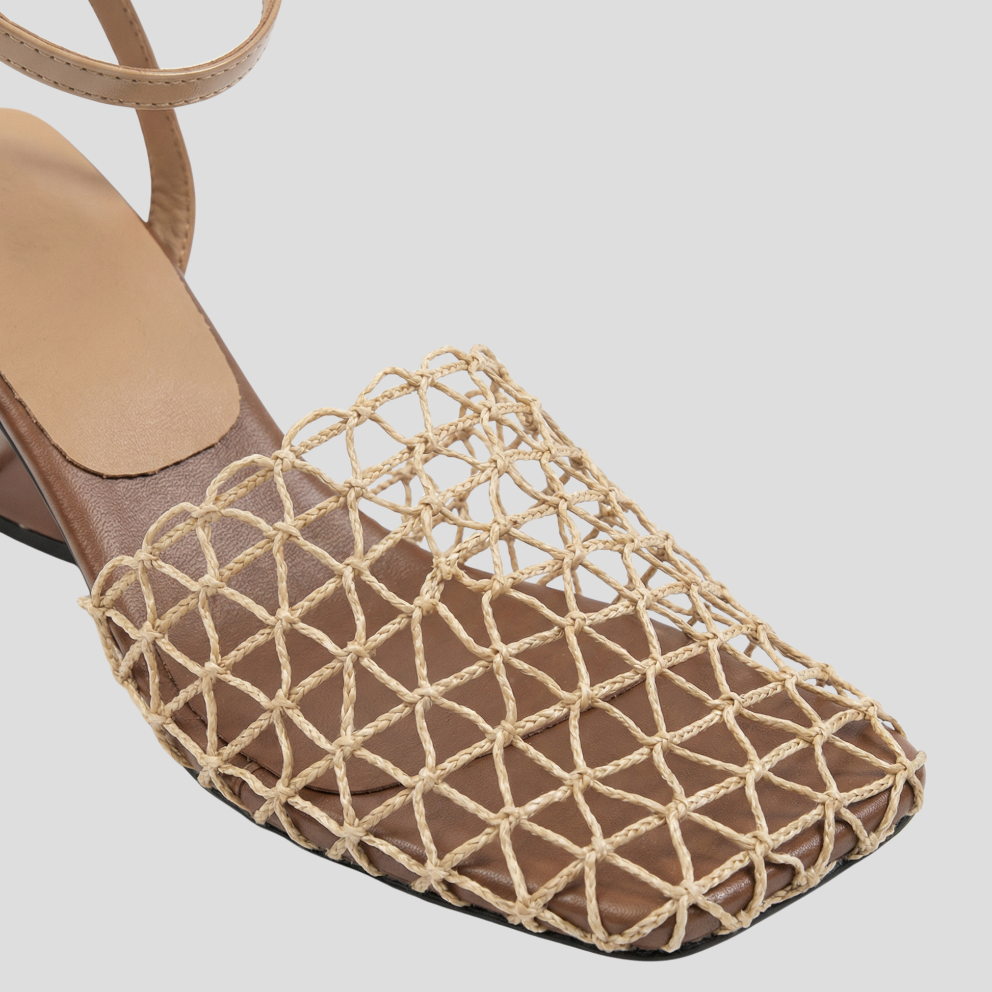 Brown square-toe heeled sandals with net-detail upper for summer