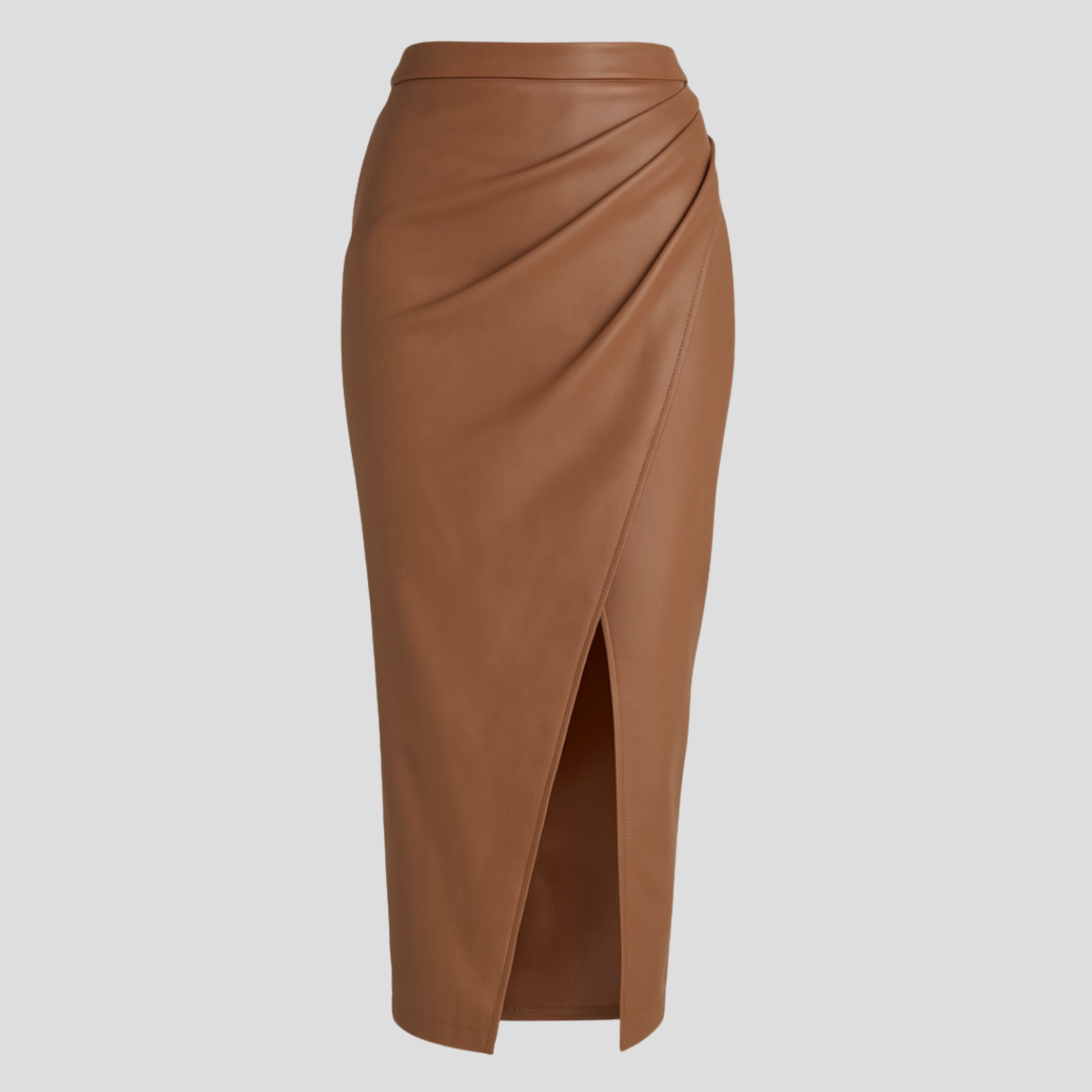 Women's wrap midi skirt with high slit, shown in black, brown and beige