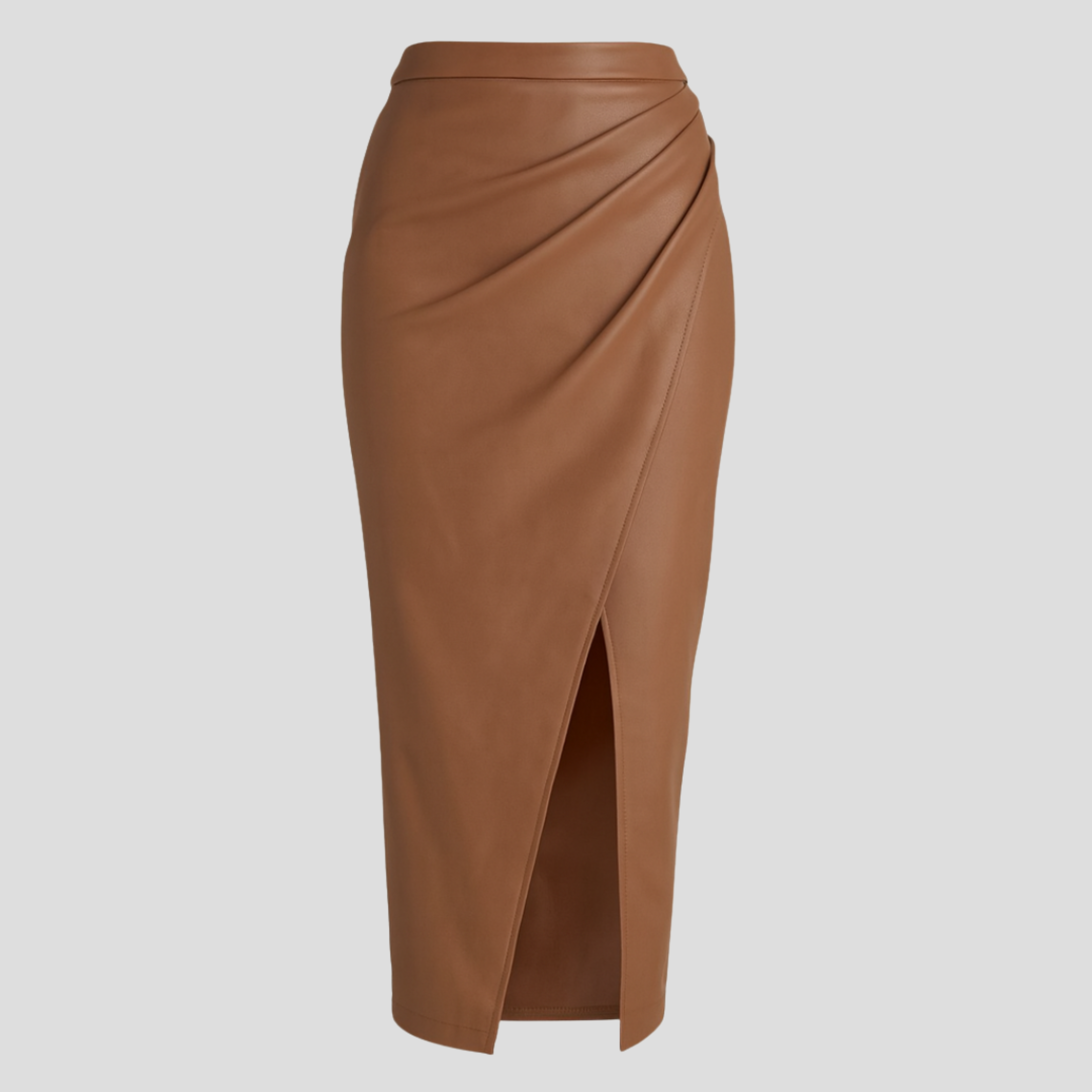 Women's wrap midi skirt with high slit, shown in black, brown and beige