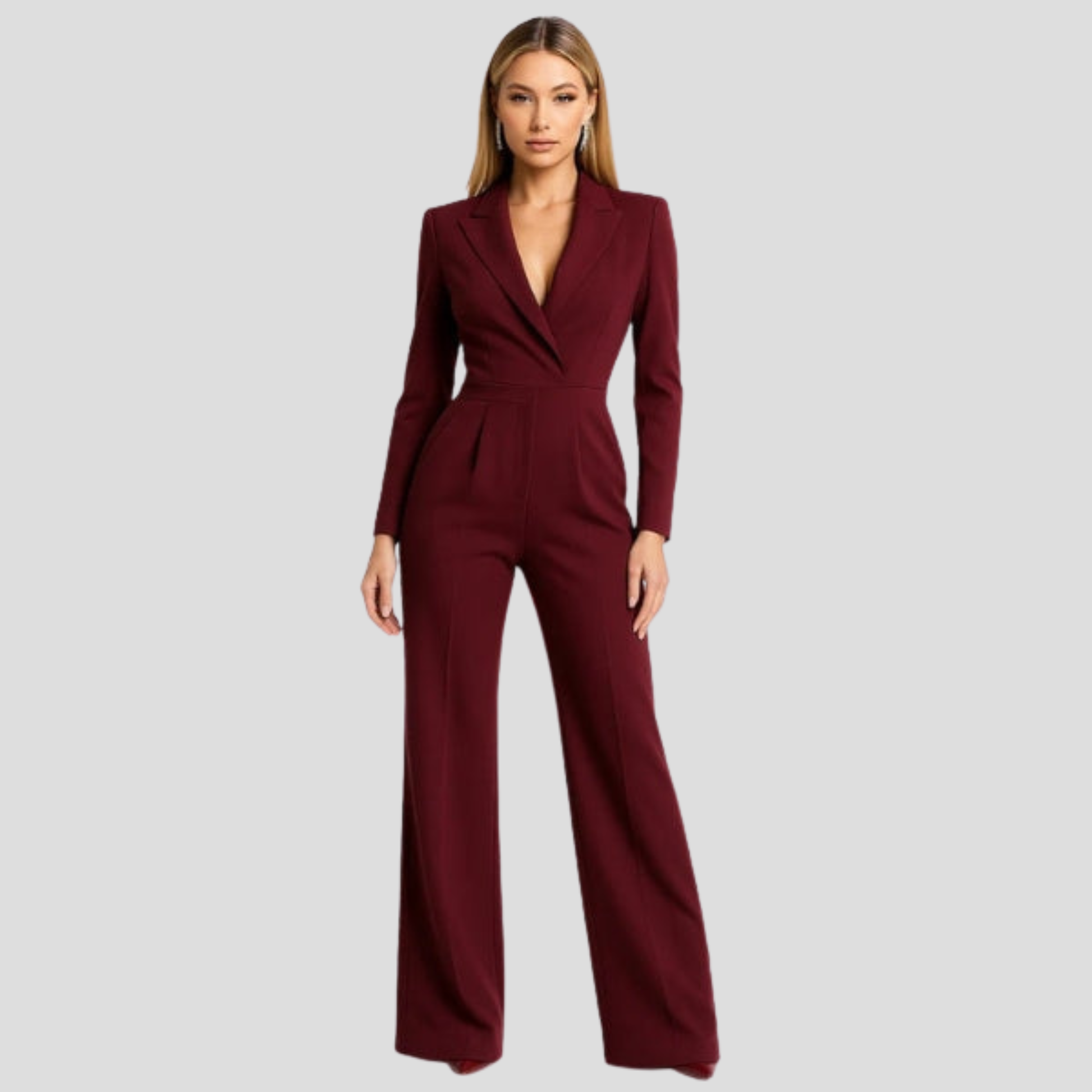 Women's V-neck wide-leg jumpsuit shown in red, white, and green