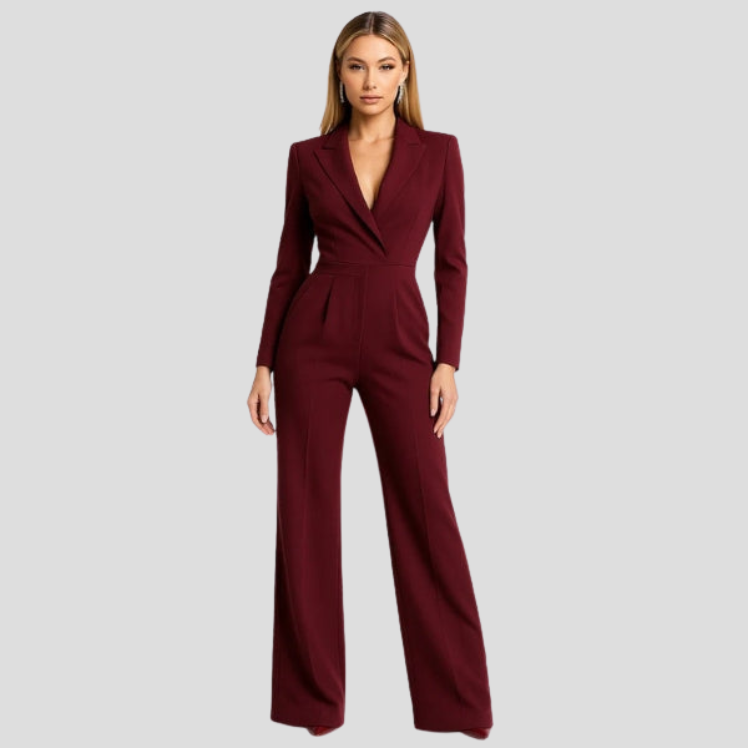 Women's V-neck wide-leg jumpsuit shown in red, white, and green